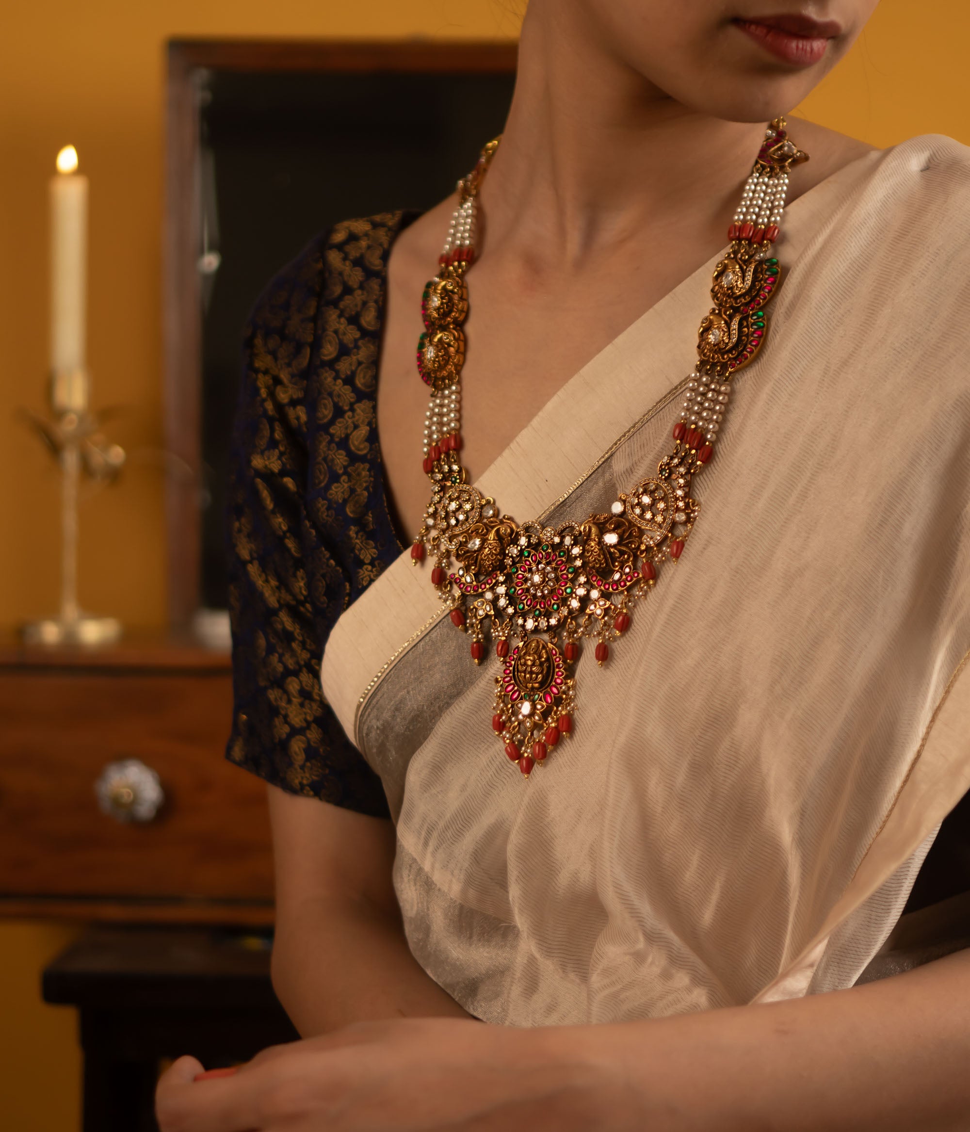 Handmade Silver Gold Necklace with Polki and Kundan Stones – DivasMantra Chennai