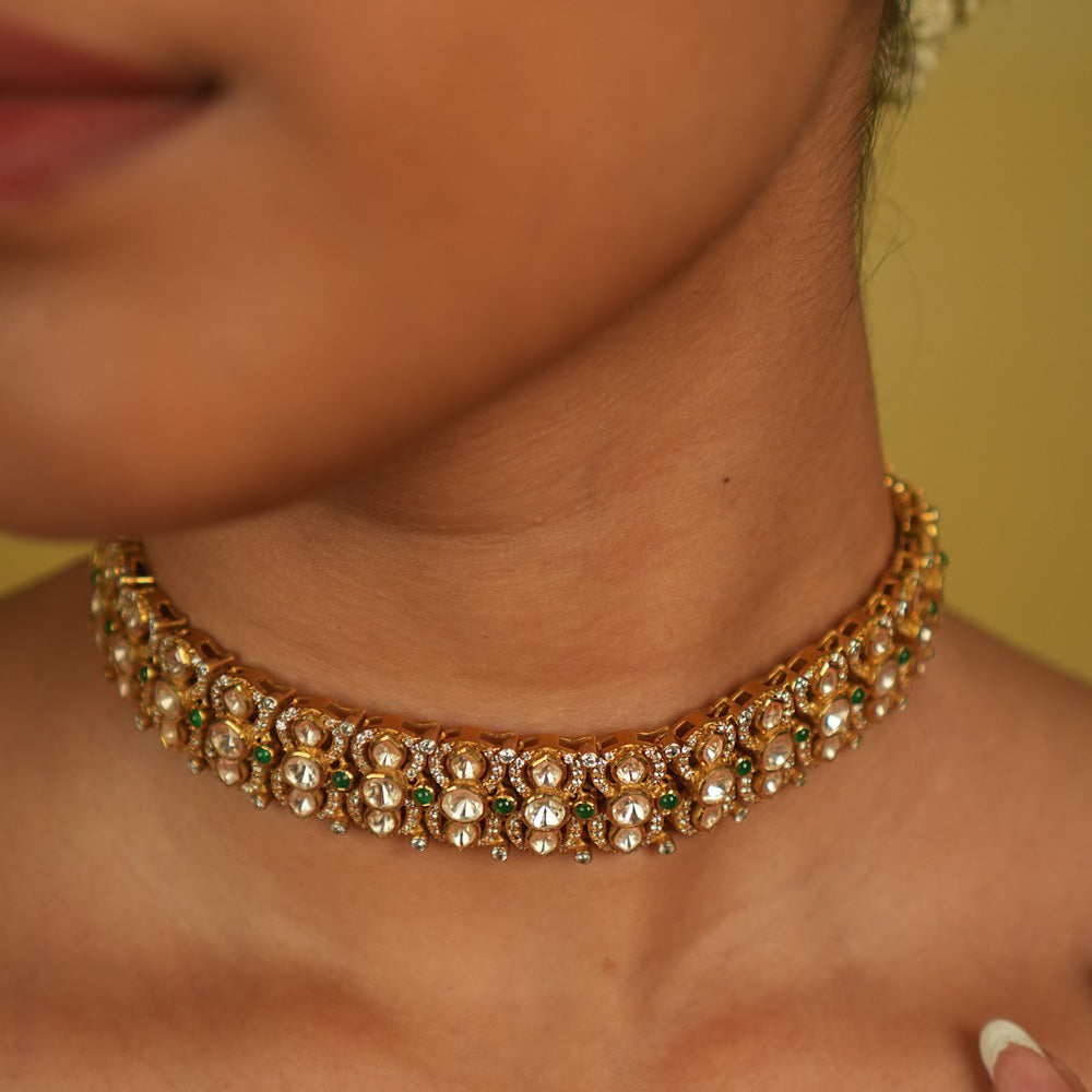 Mari Necklace in 92.5 Silver Gold Plated with Moissanite Polki and Green Spinel Stones
