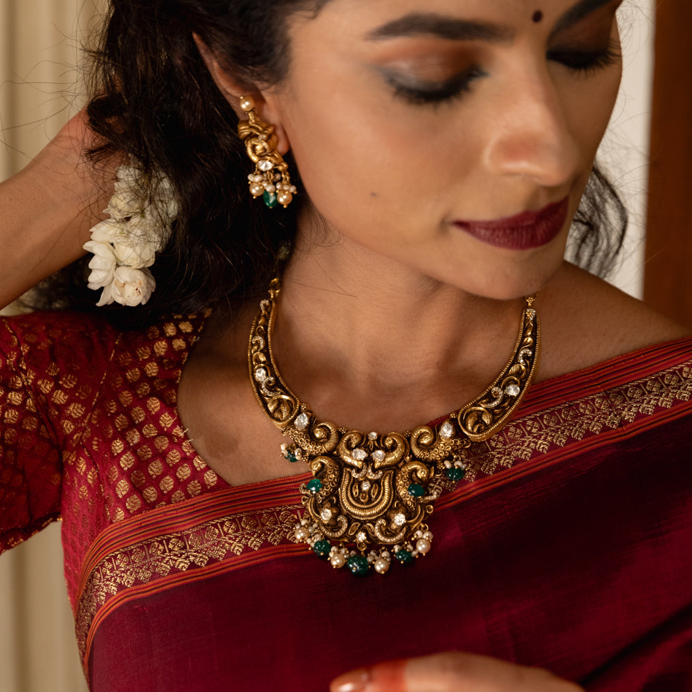 92.5 Sterling Silver Mayil Hasli Polki Short Necklace Gold Plated
