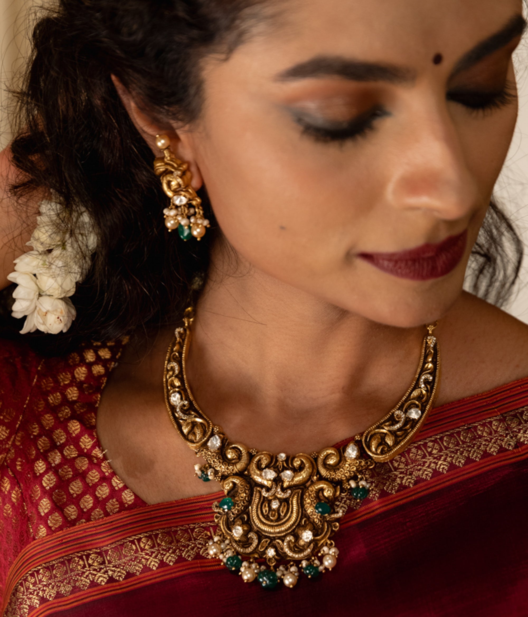 Handcrafted silver choker necklace with CZ and green beads