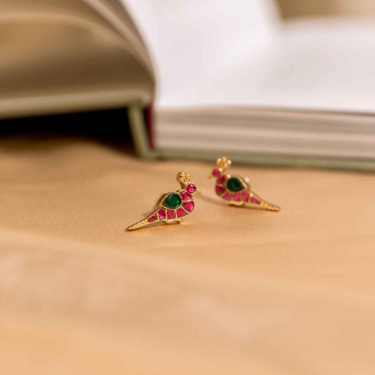 92.5 Sterling Silver Mayura Kundan Peacock Earrings Gold Plated