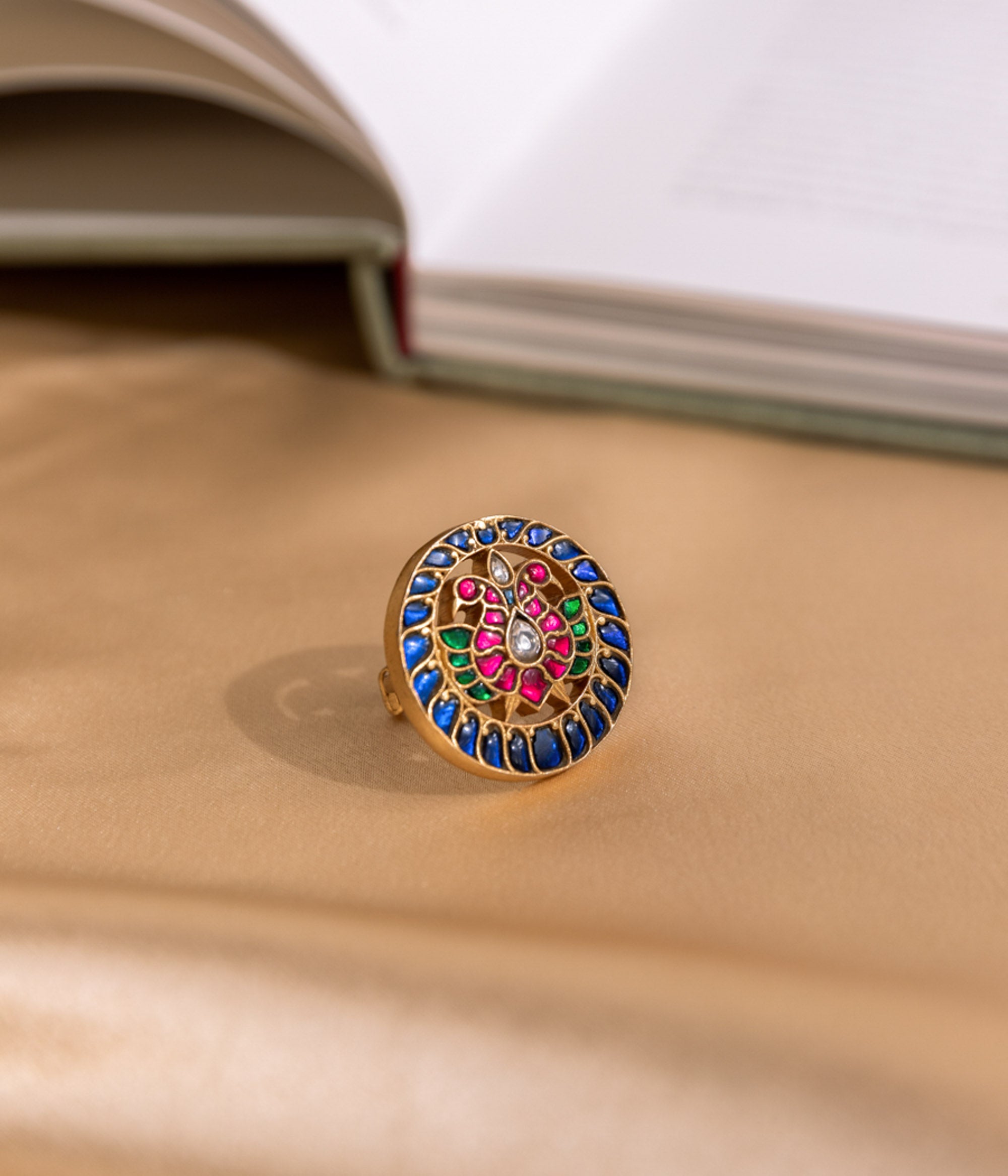 Traditional Blue Red and Green Kundan Ring in Silver