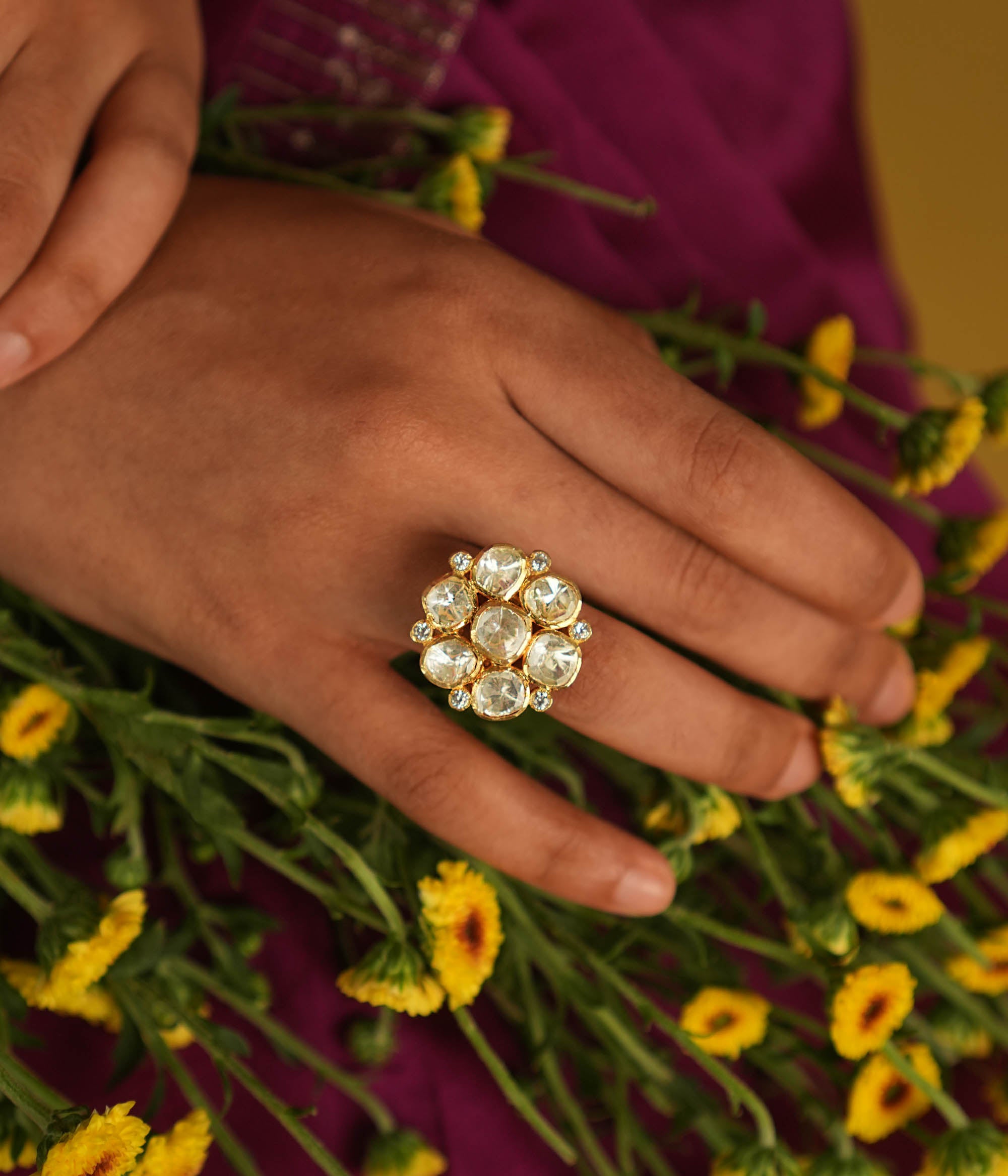 Blossoming elegance! This polki ring captures nature’s charm, with radiant petals that shimmer in a timeless floral design.