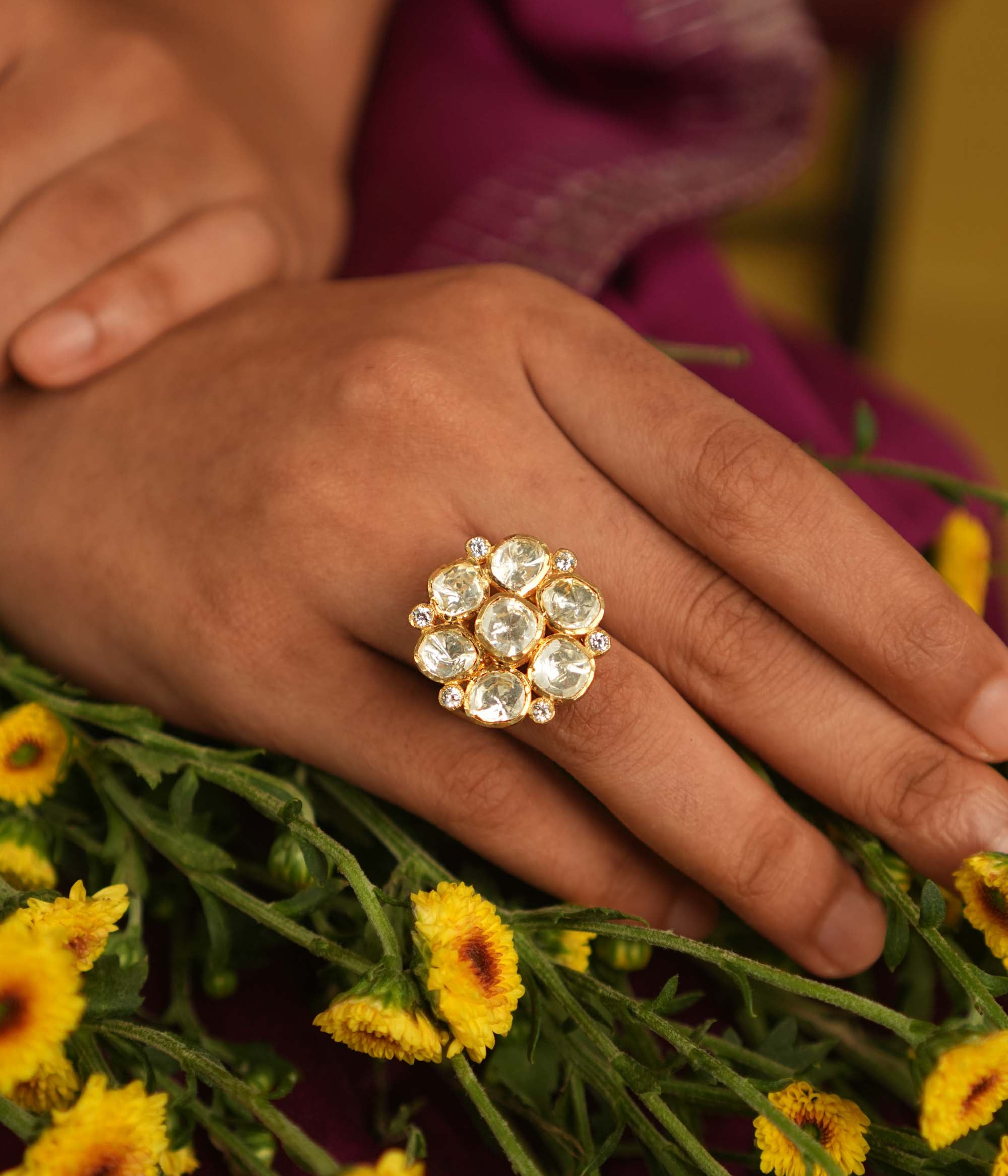 Blossoming elegance! This polki ring captures nature’s charm, with radiant petals that shimmer in a timeless floral design.