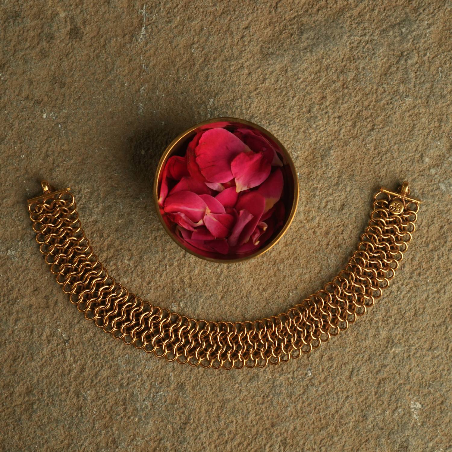 Antique gold-plated silver flat choker — a captivating piece that echoes forgotten elegance and embodies timeless allure.