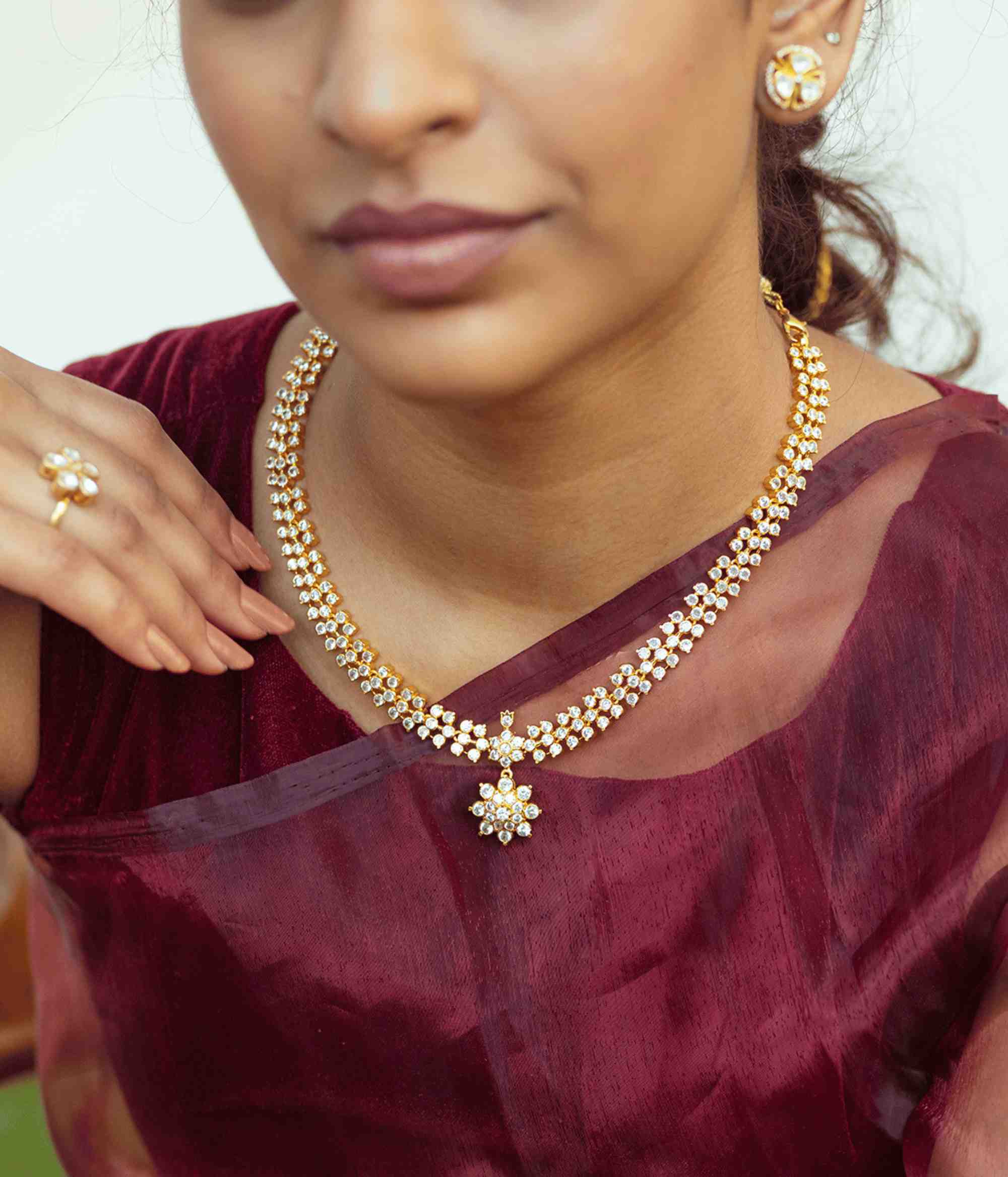 Traditional 92.5 Silver Necklace with Sparkling White Stones Chennai