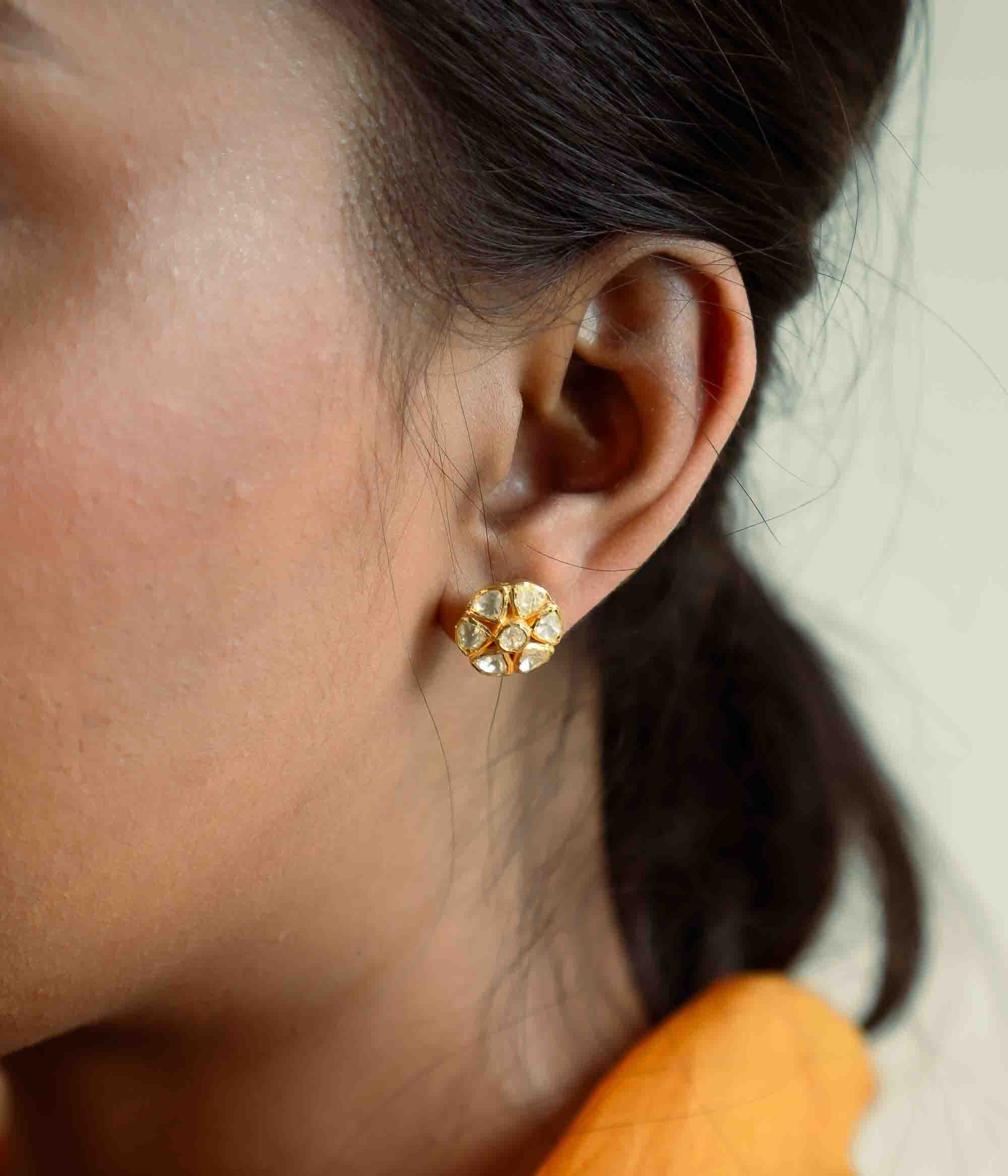 Gold plated 92.5 silver floral earrings with polki stones