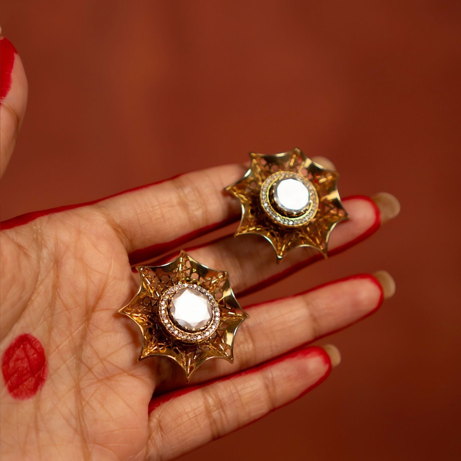 Norah Earrings in 92.5 Silver Gold Plated with Moissanite Polki Stones