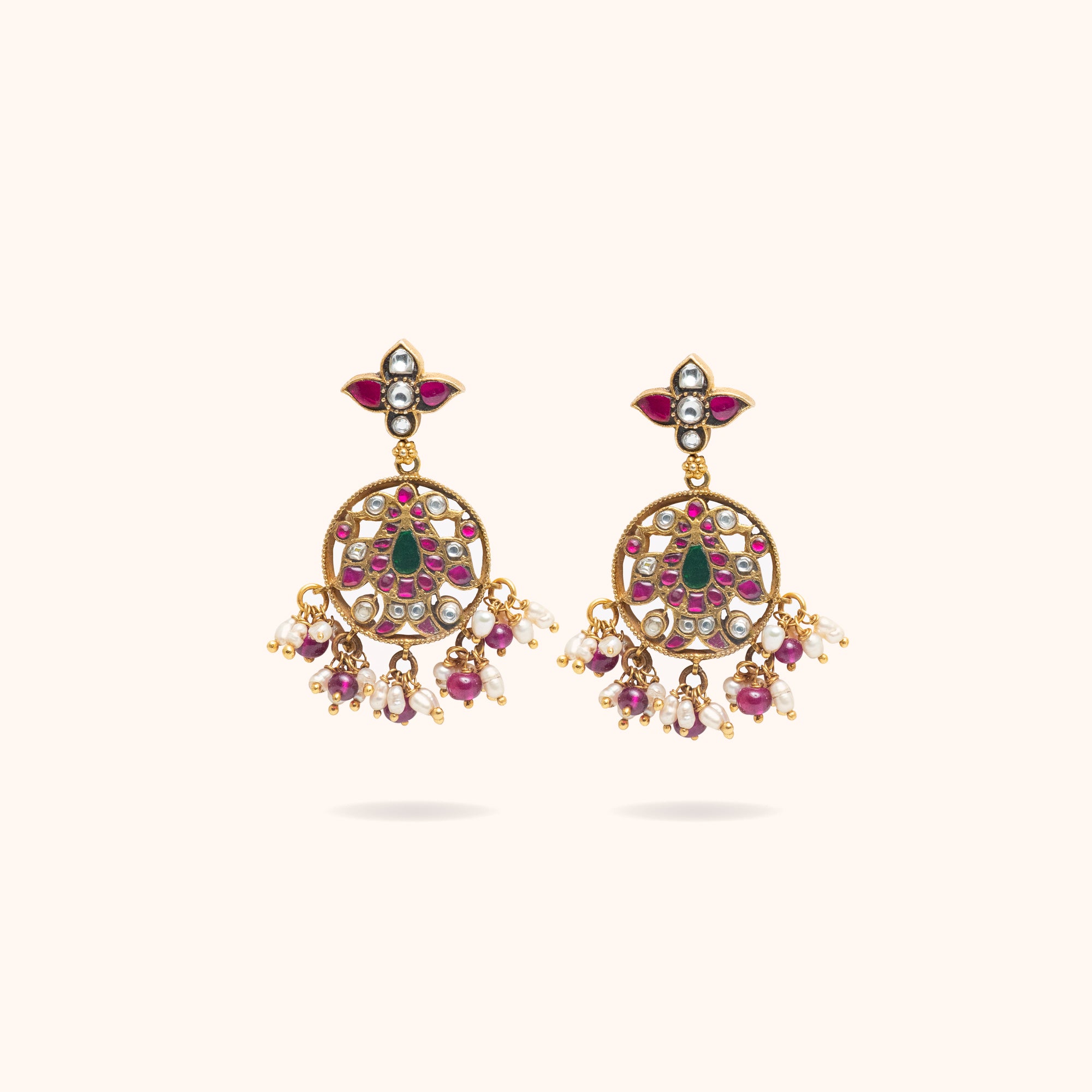 92.5 Sterling Silver Oste Red Kundan Earrings Gold Plated