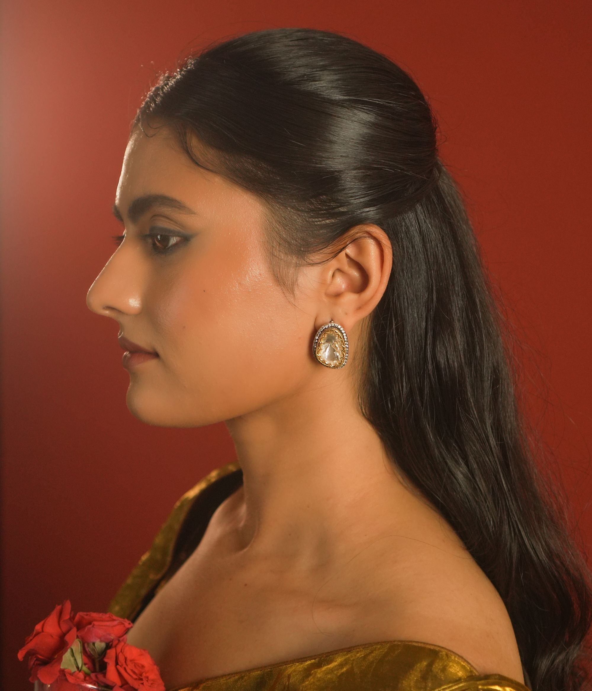 ISLA earrings, moissanite polki oval stud, 925 silver