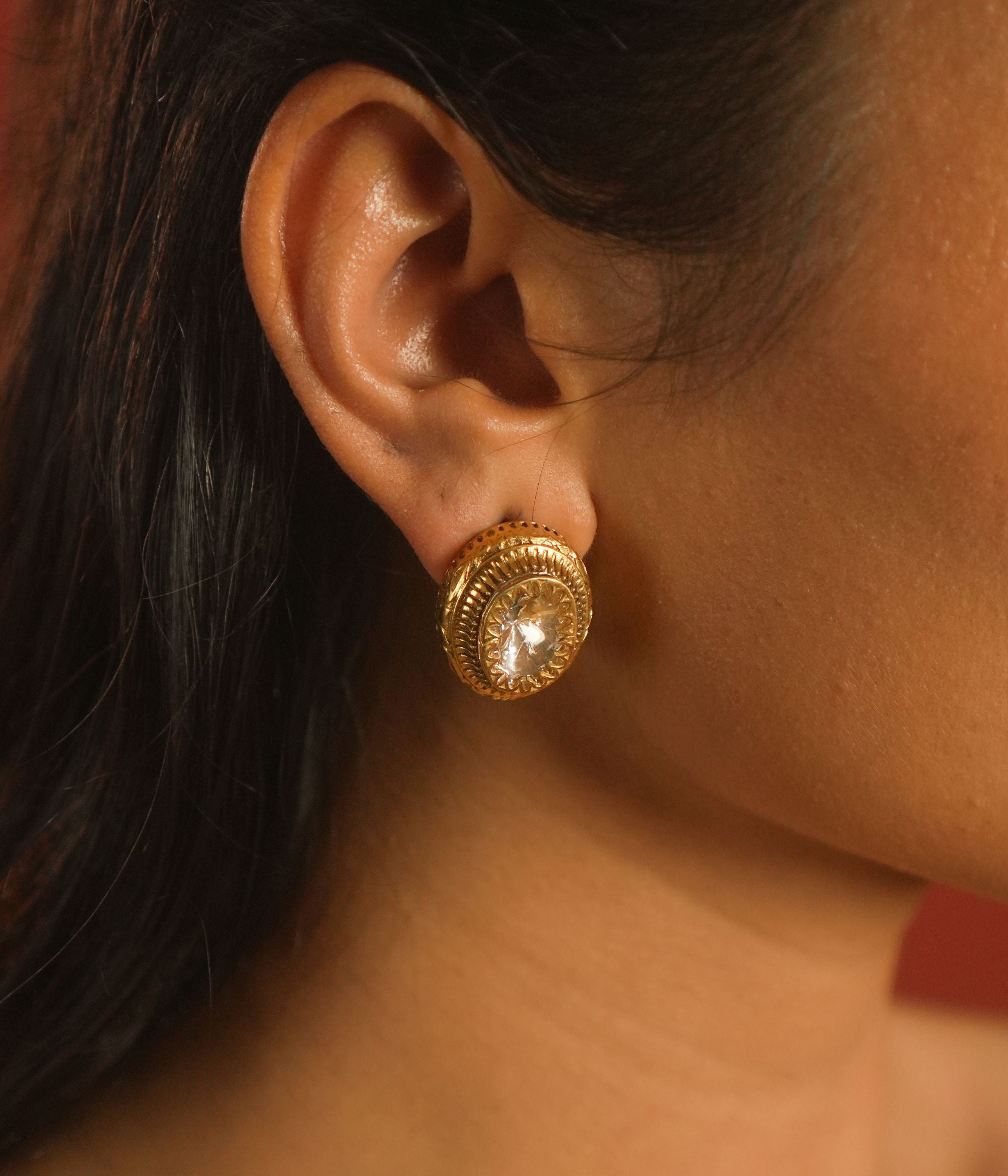 Traditional gold plated silver polki earrings close view