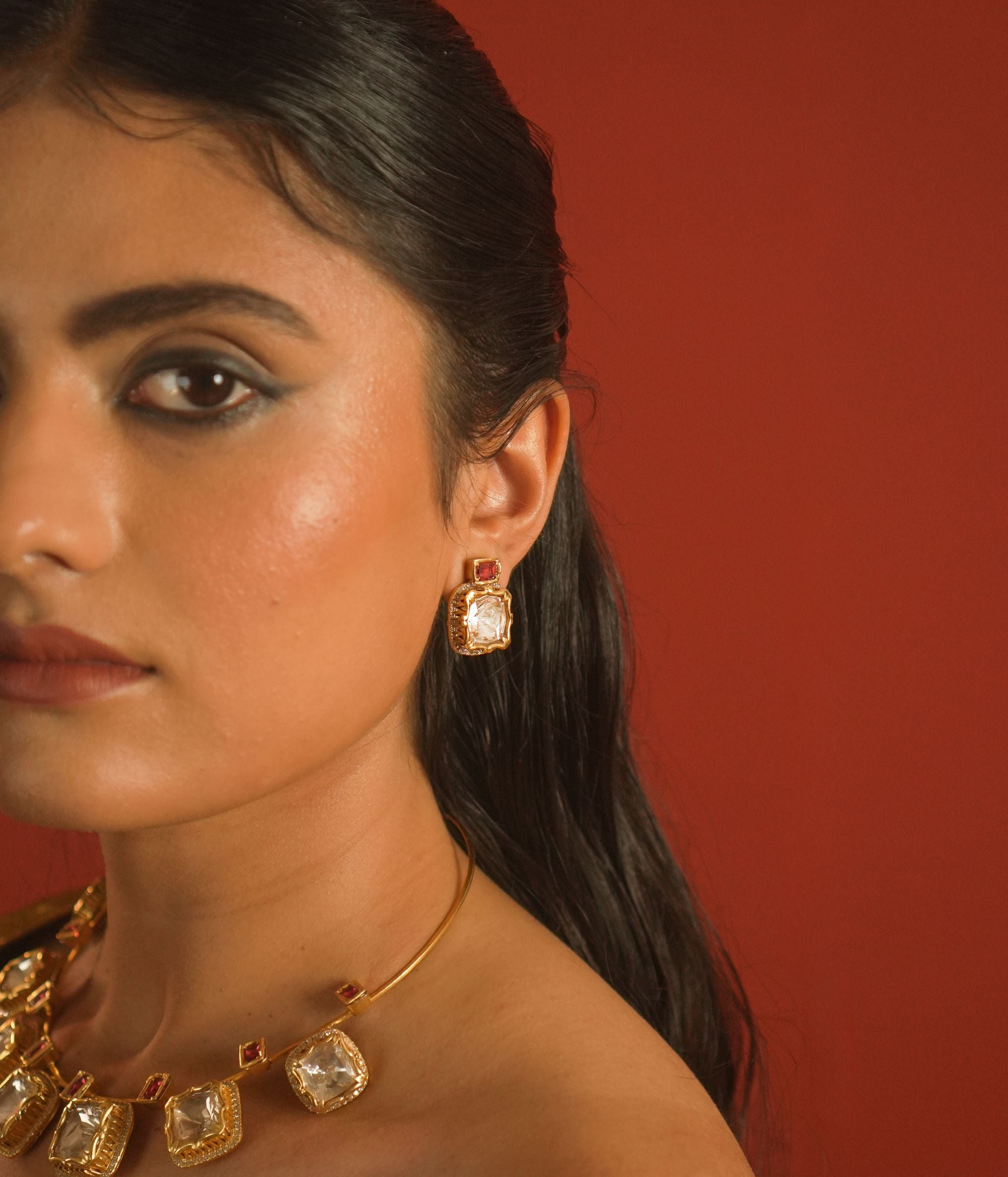 bridal gold plated drop earrings with moissanite polki 925 silver