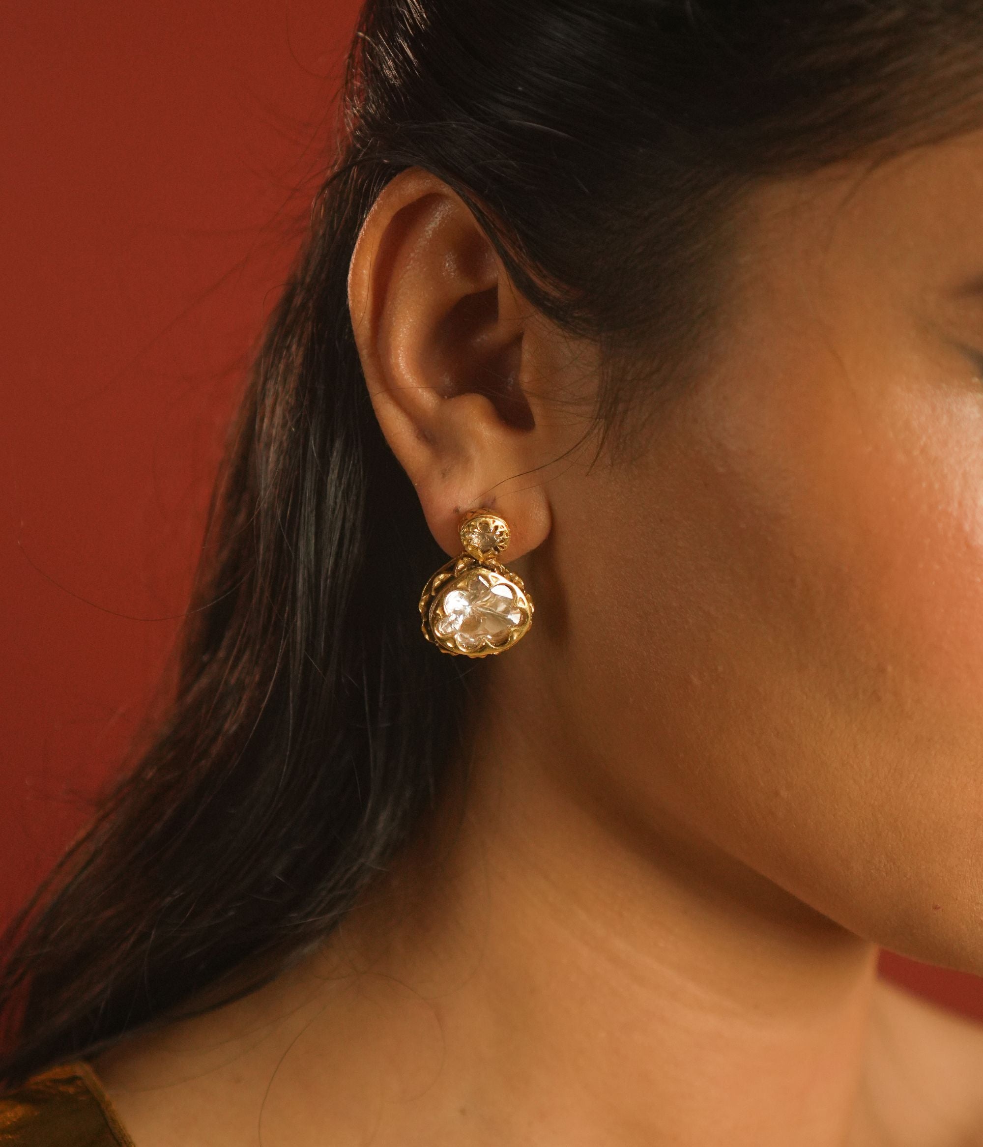 bridal gold plated silver oval polki earrings 925 silver