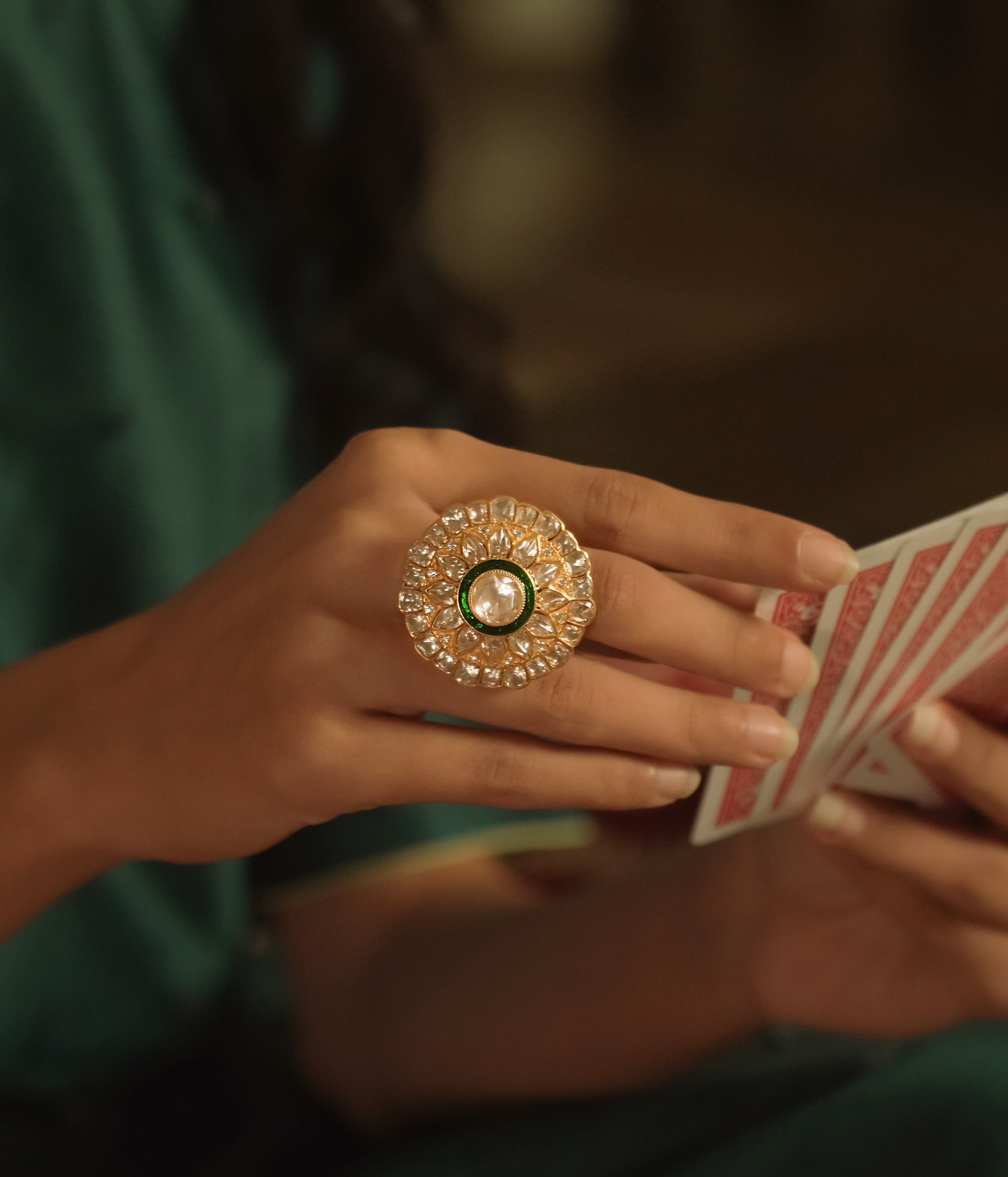 Adjustable silver ring with gold-plated petals and Polki
