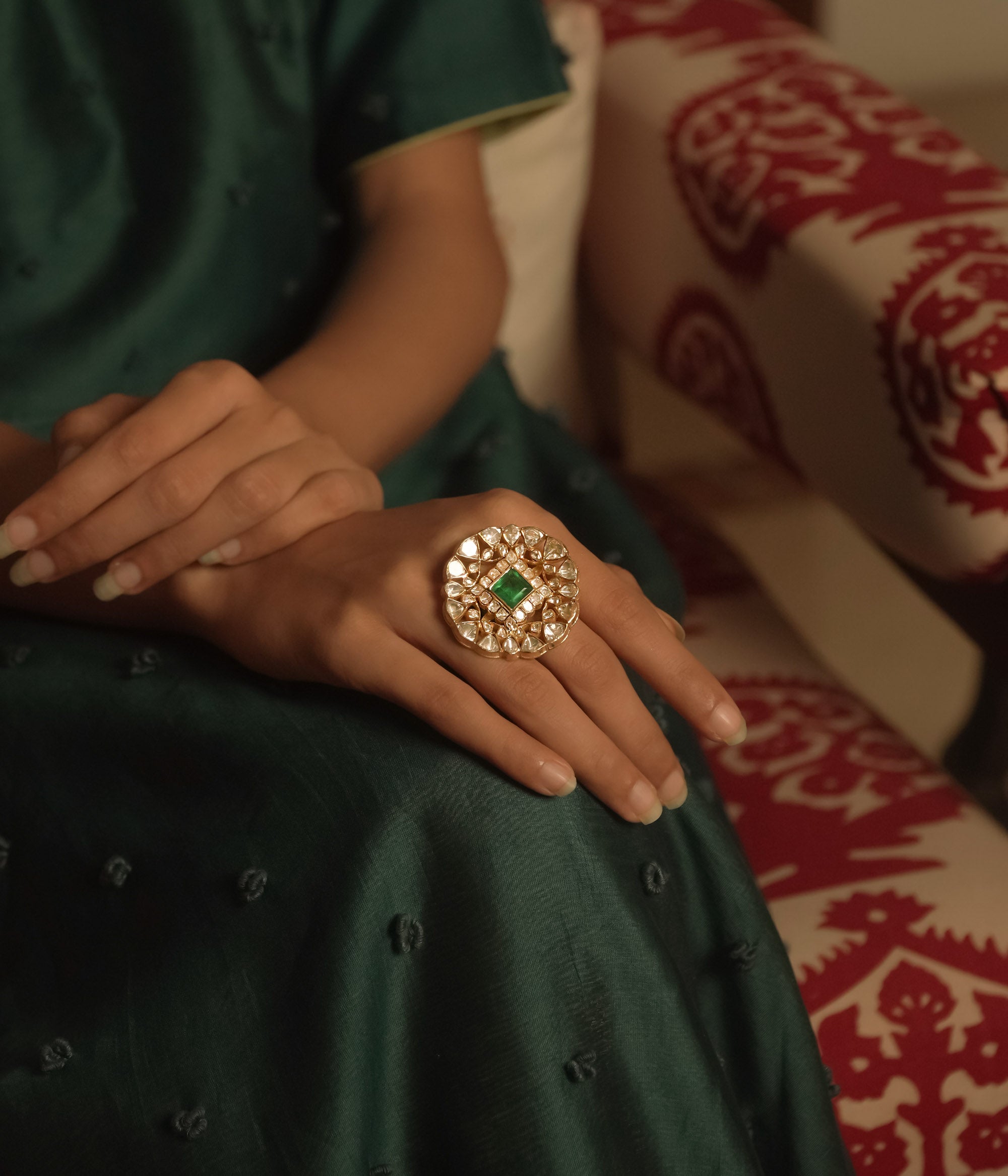 Adjustable Silver Ring with Green Stone