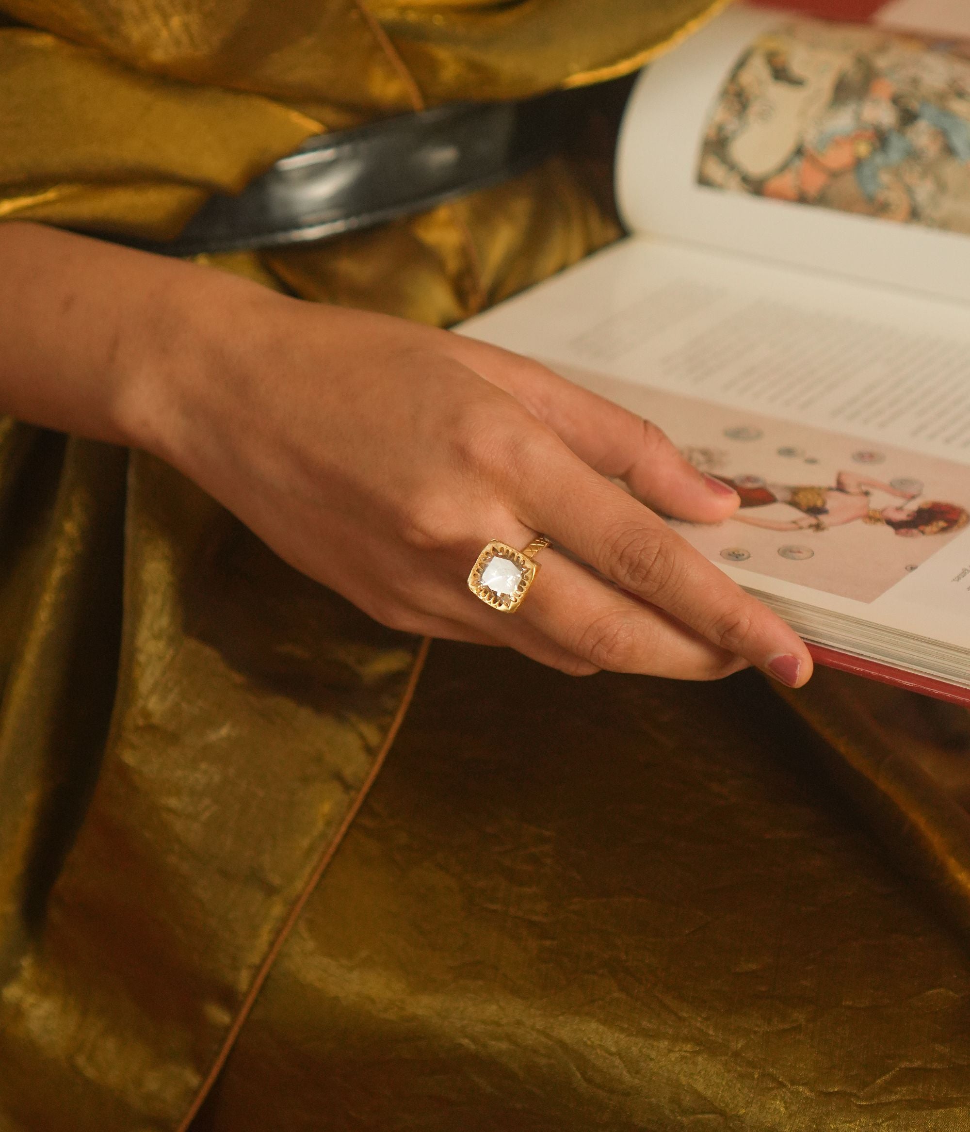 Moissanite polki square ring, 925 silver