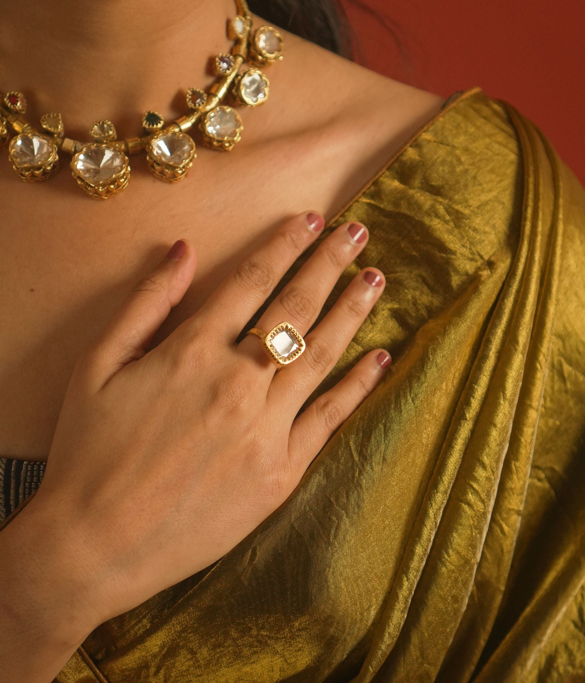 Moissanite polki square ring, 925 silver