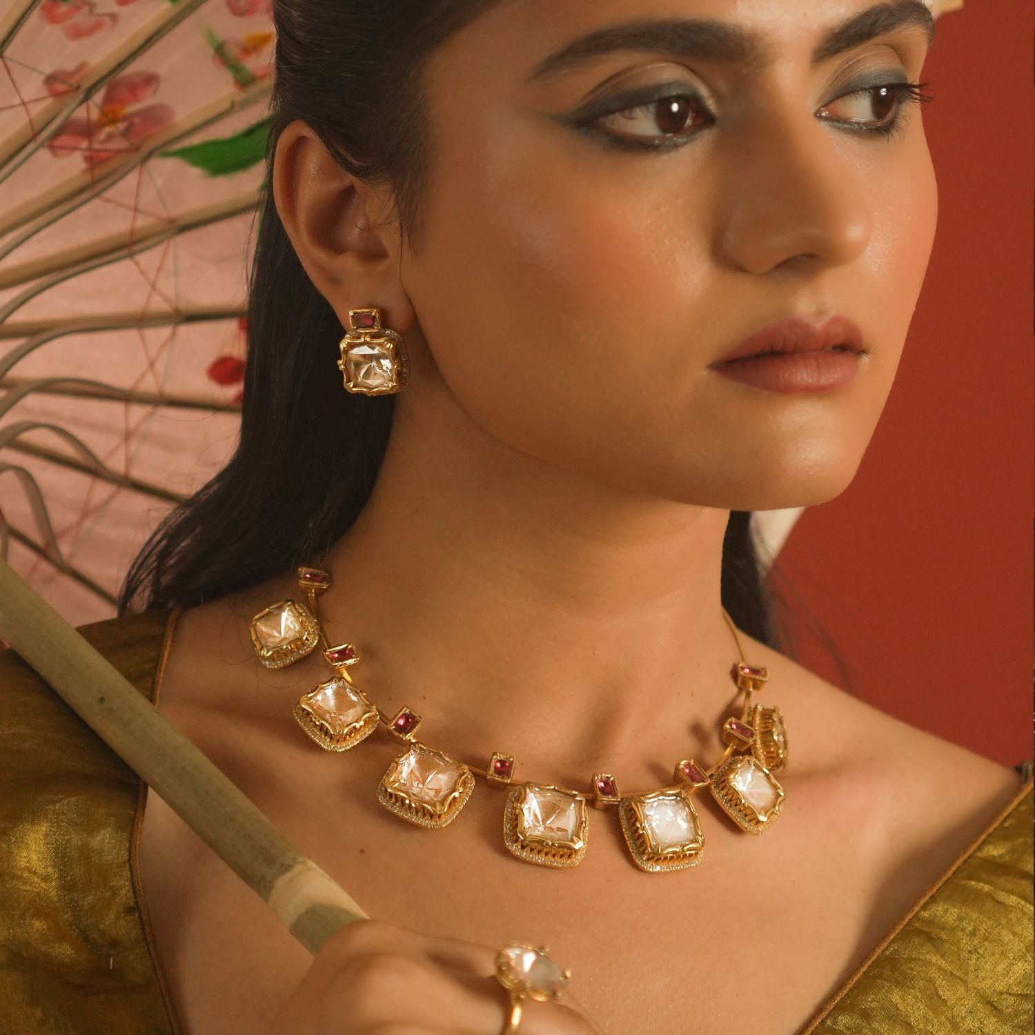 Moissanite Polki Hasli necklace, 92.5 silver with 33ct gold plated