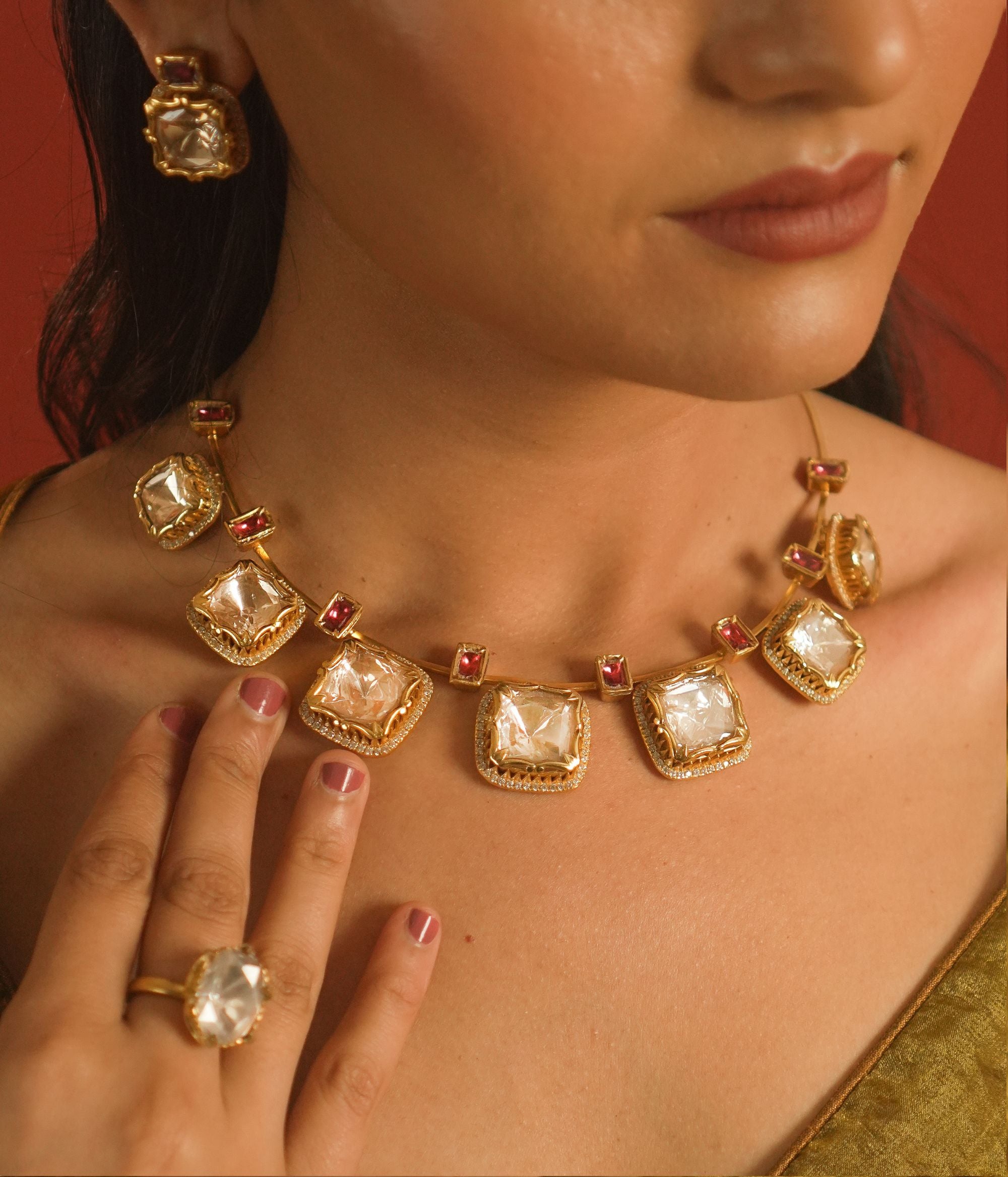 Moissanite Polki Hasli necklace, 92.5 silver with 33ct gold plated