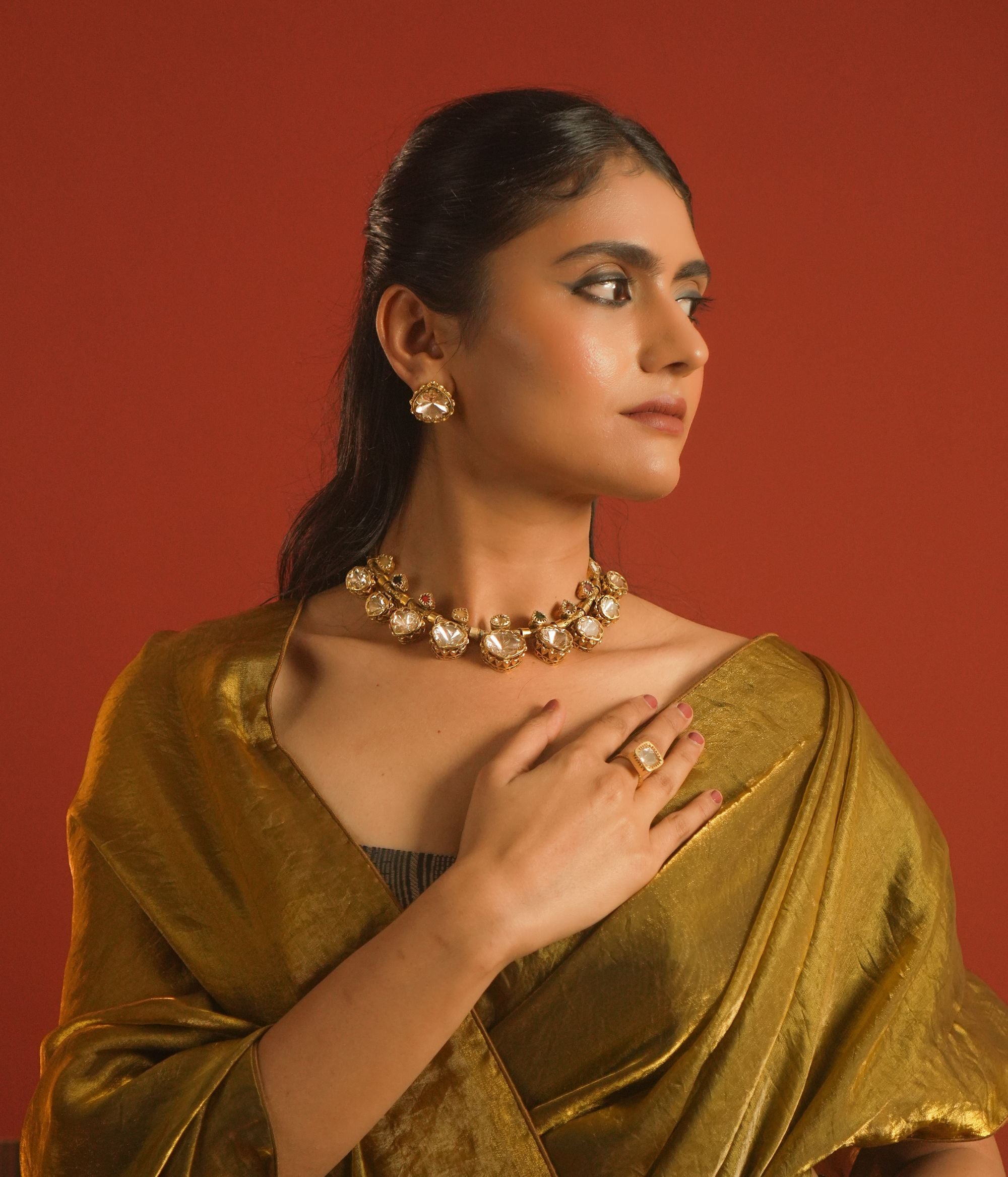 navratna polki necklace, short, 925 silver