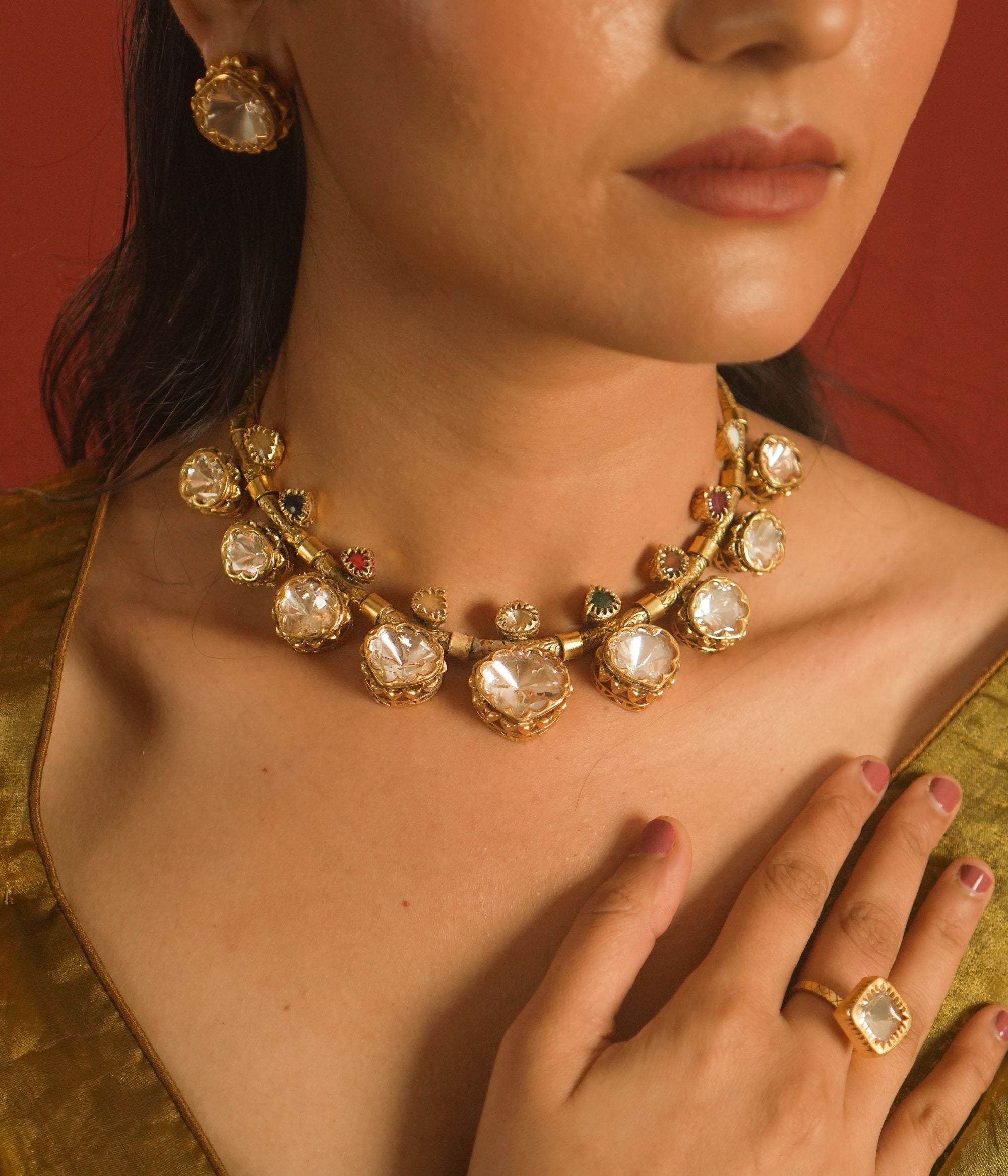 navratna polki necklace, short, 925 silver