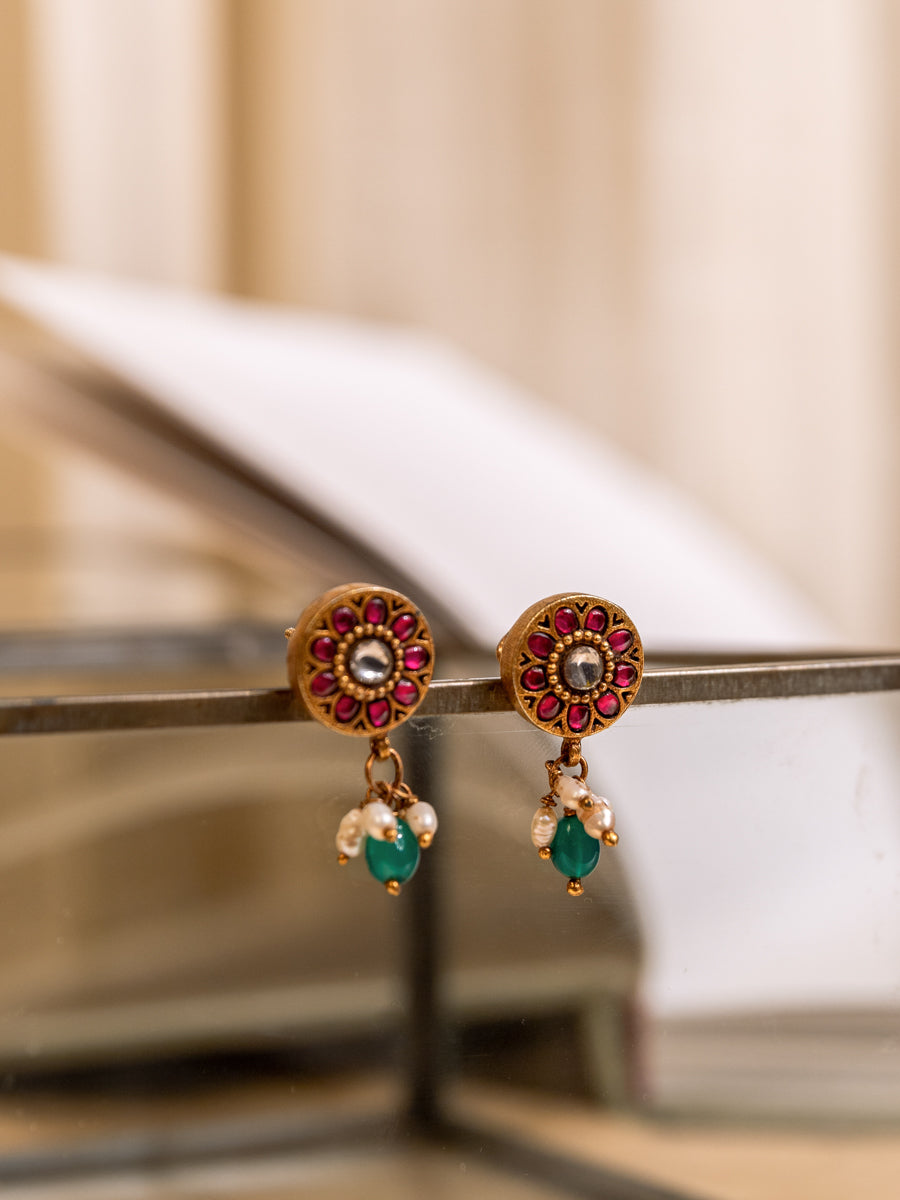 Phool Round Red Kundan Gold Plated Silver Earrings