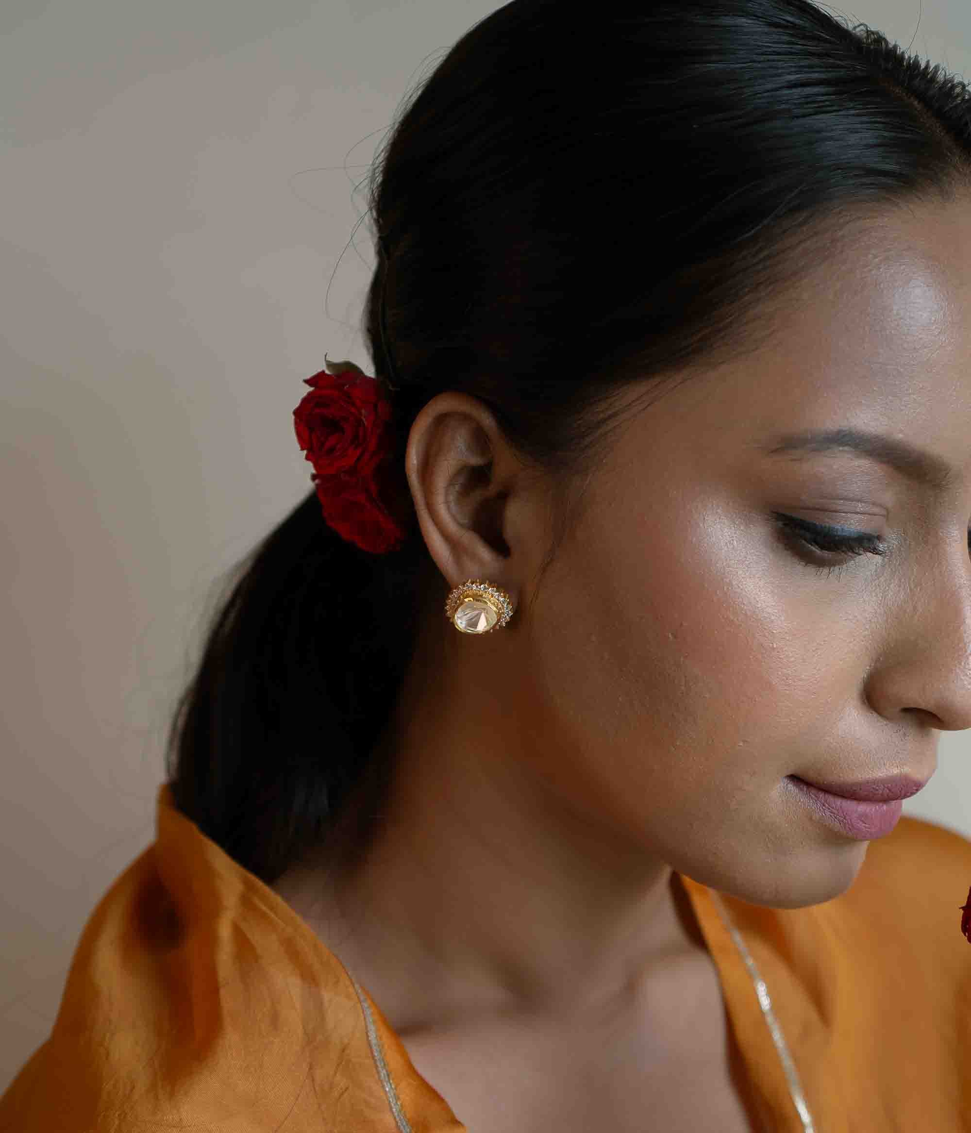 Polki and CZ Silver Earrings with Screw Fastening