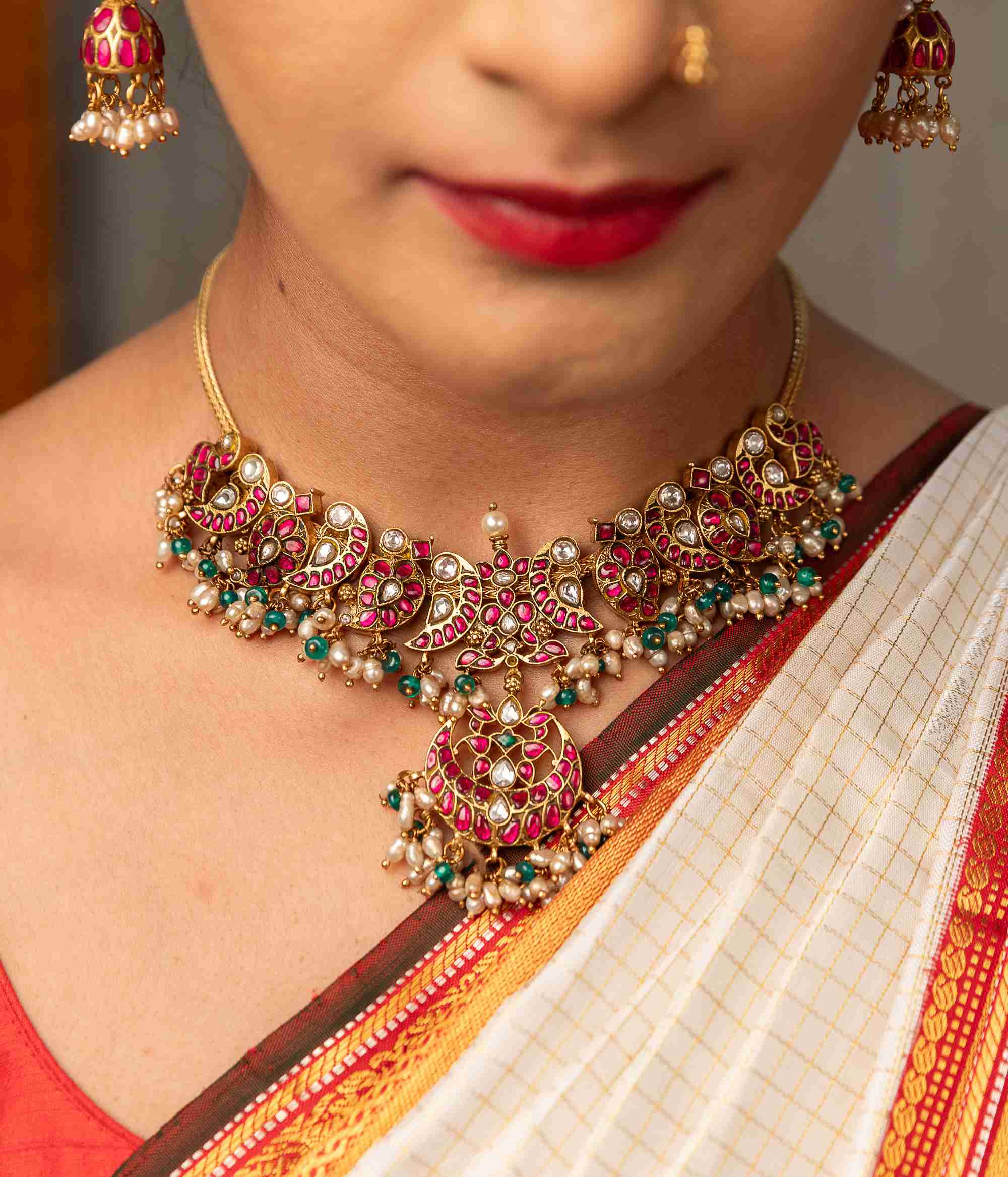 Handmade Ragesri Silver Necklace with Kundan Stones and Pearls