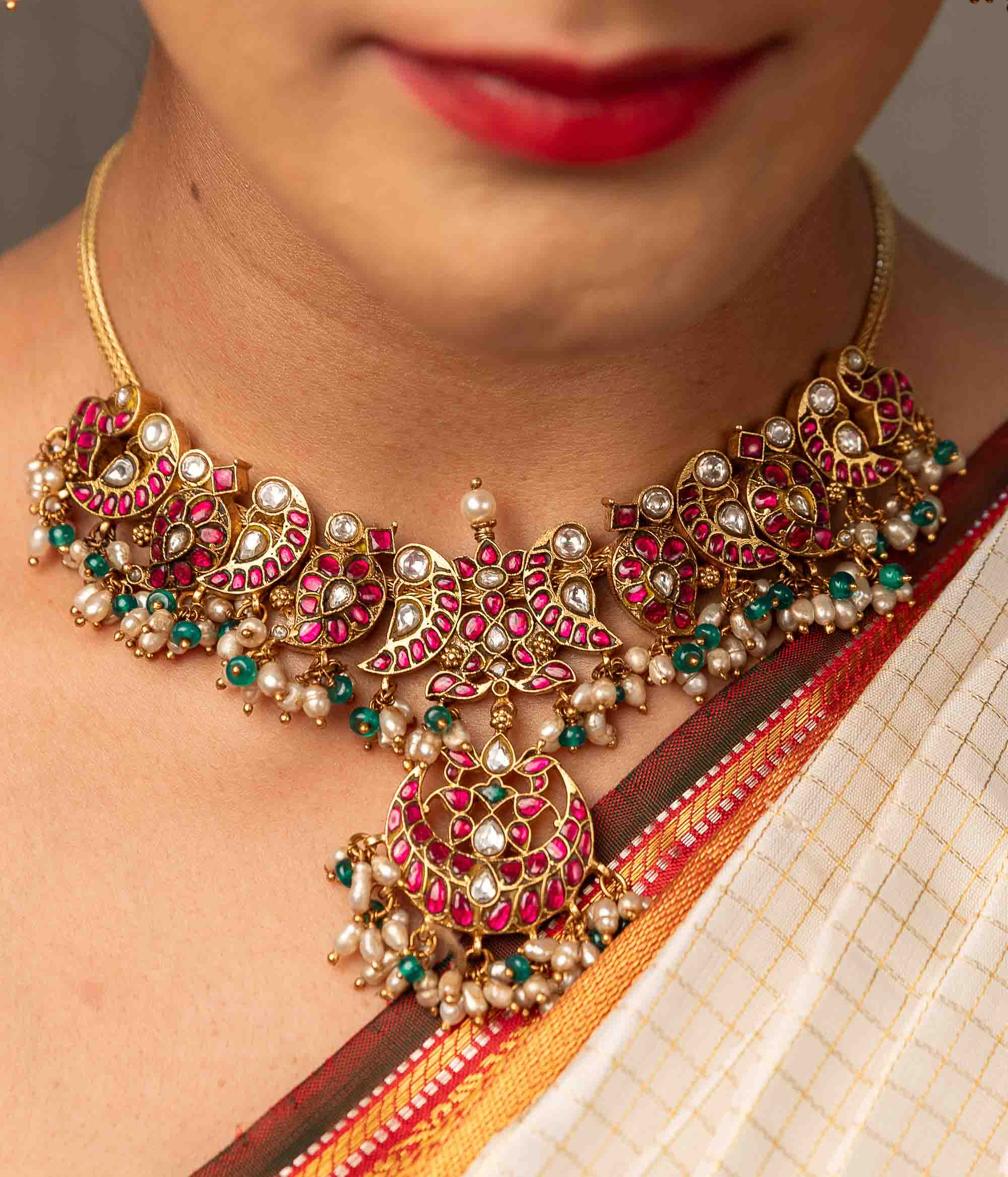 Traditional Red Green White Kundan Necklace in Silver