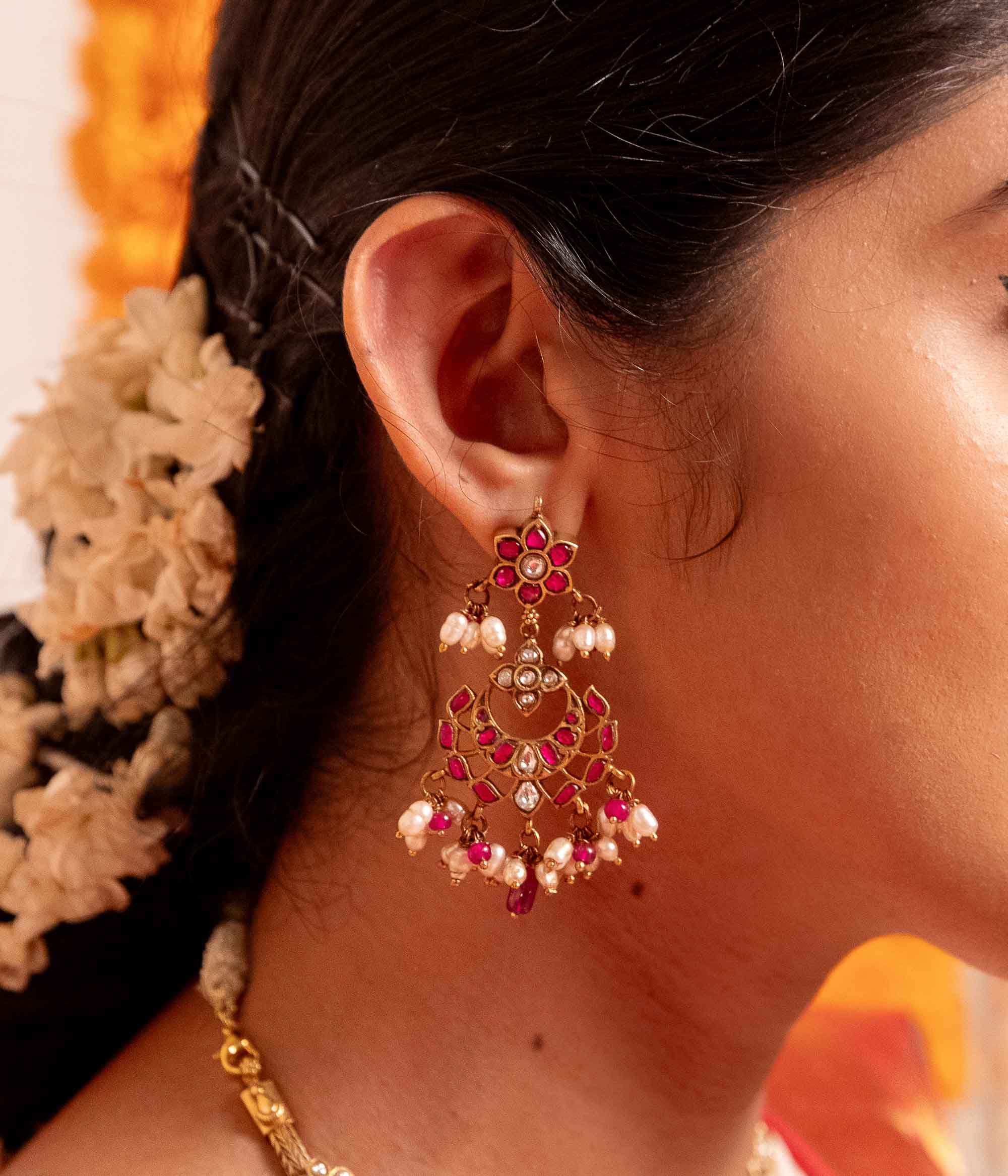 Traditional Red and White Kundan Earrings for Women