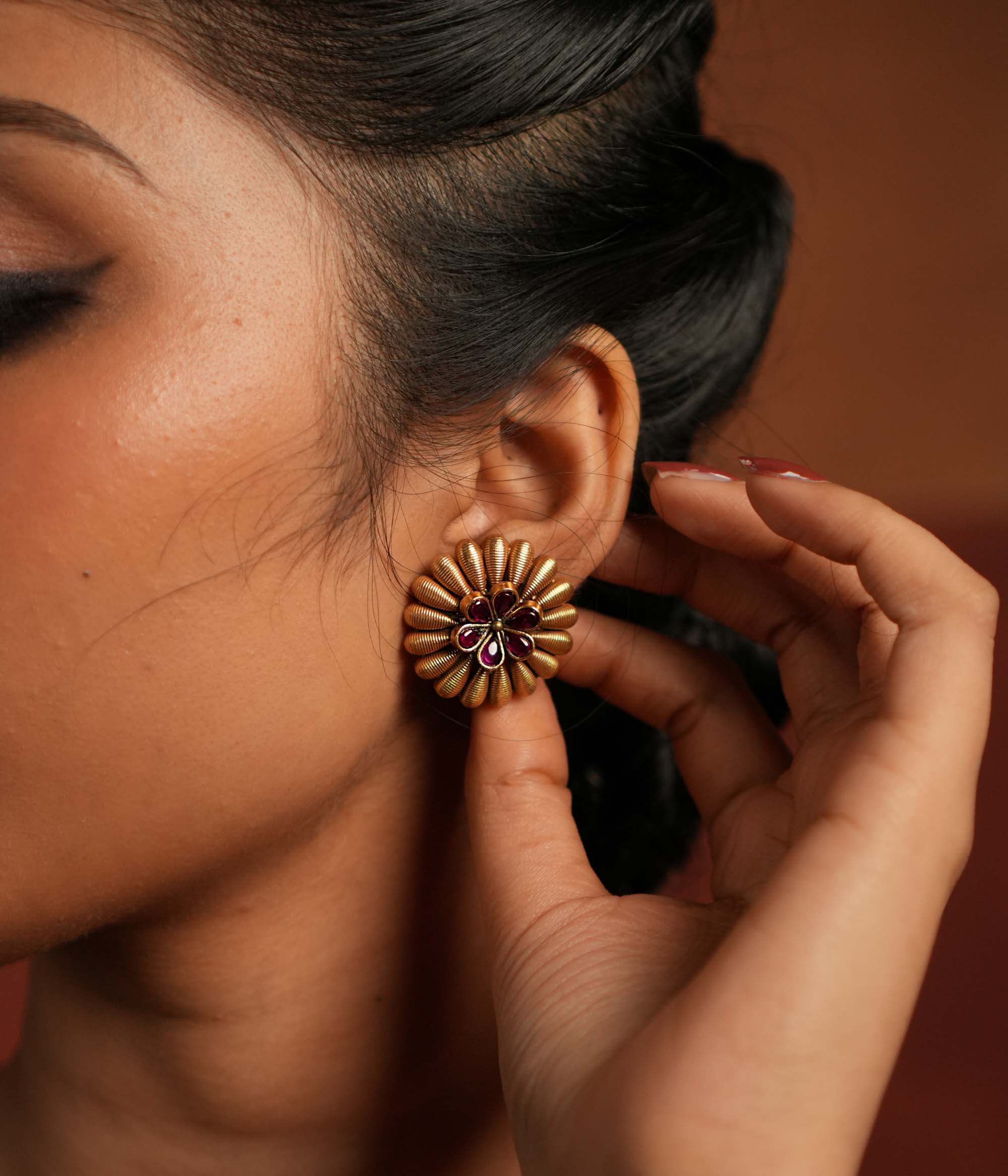 Handcrafted Silver and Gold Plated Red Polki Earrings
