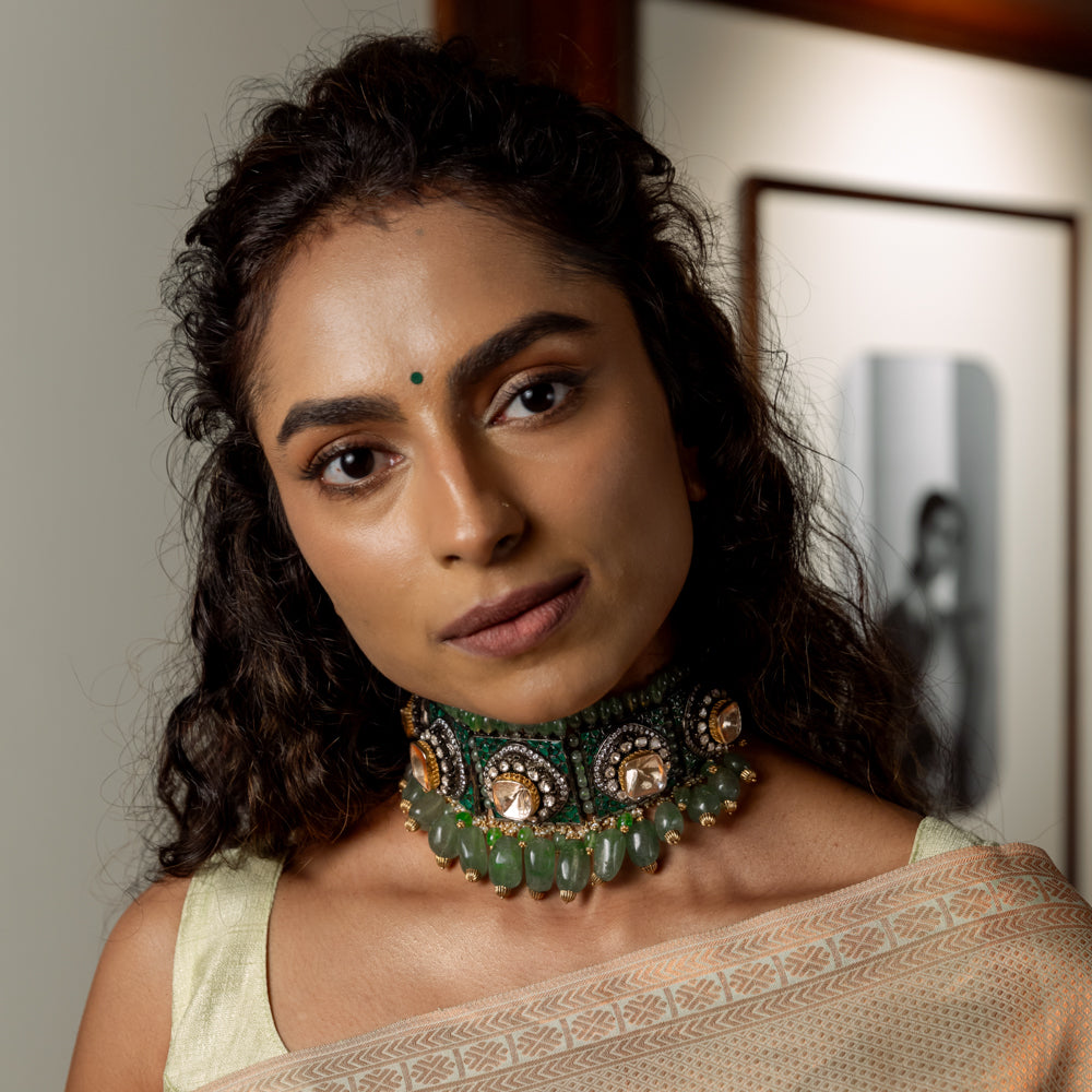 92.5 Sterling Silver Rivi Grandeur Green Kundan Victorian Choker Gold Plated