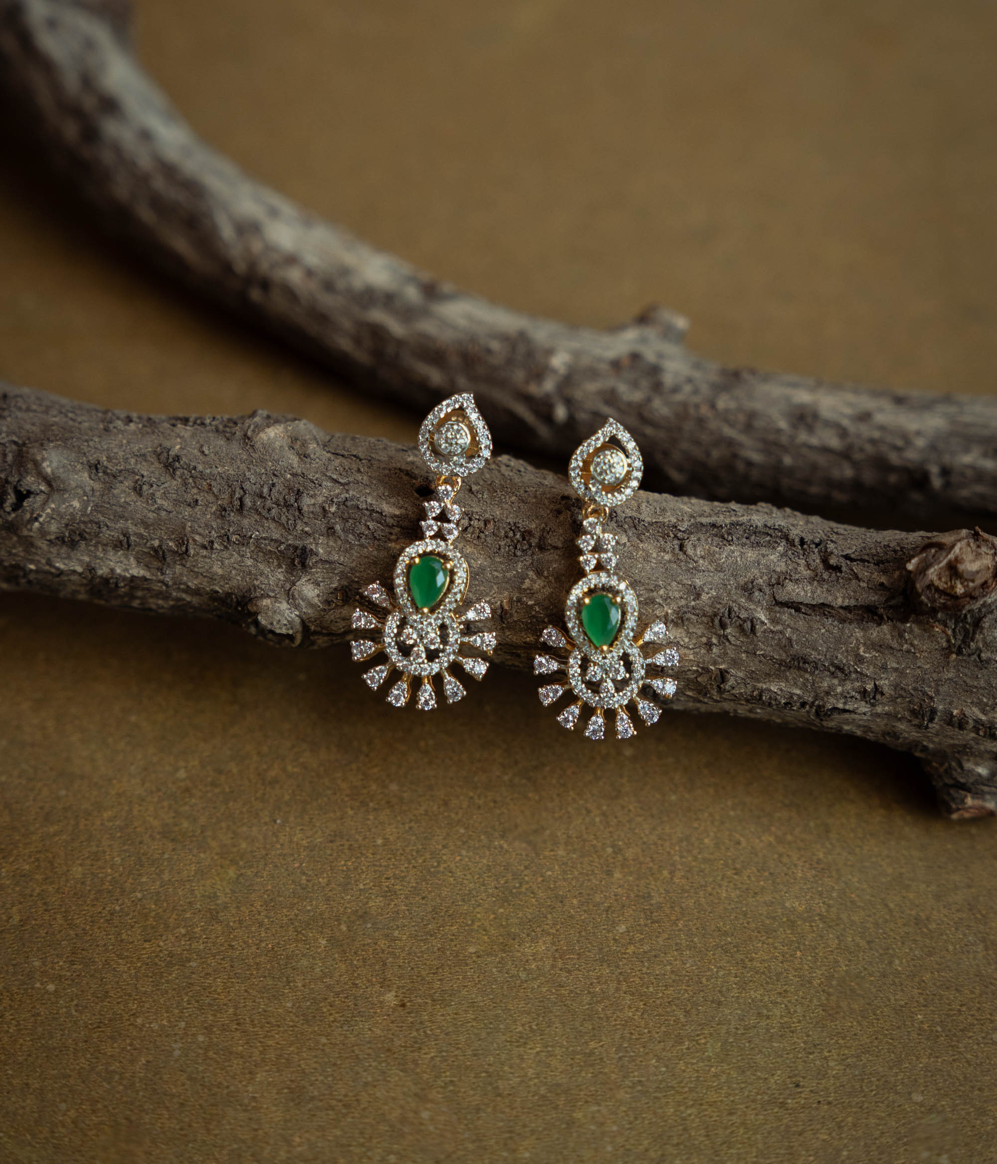 Green CZ fae leaf earrings