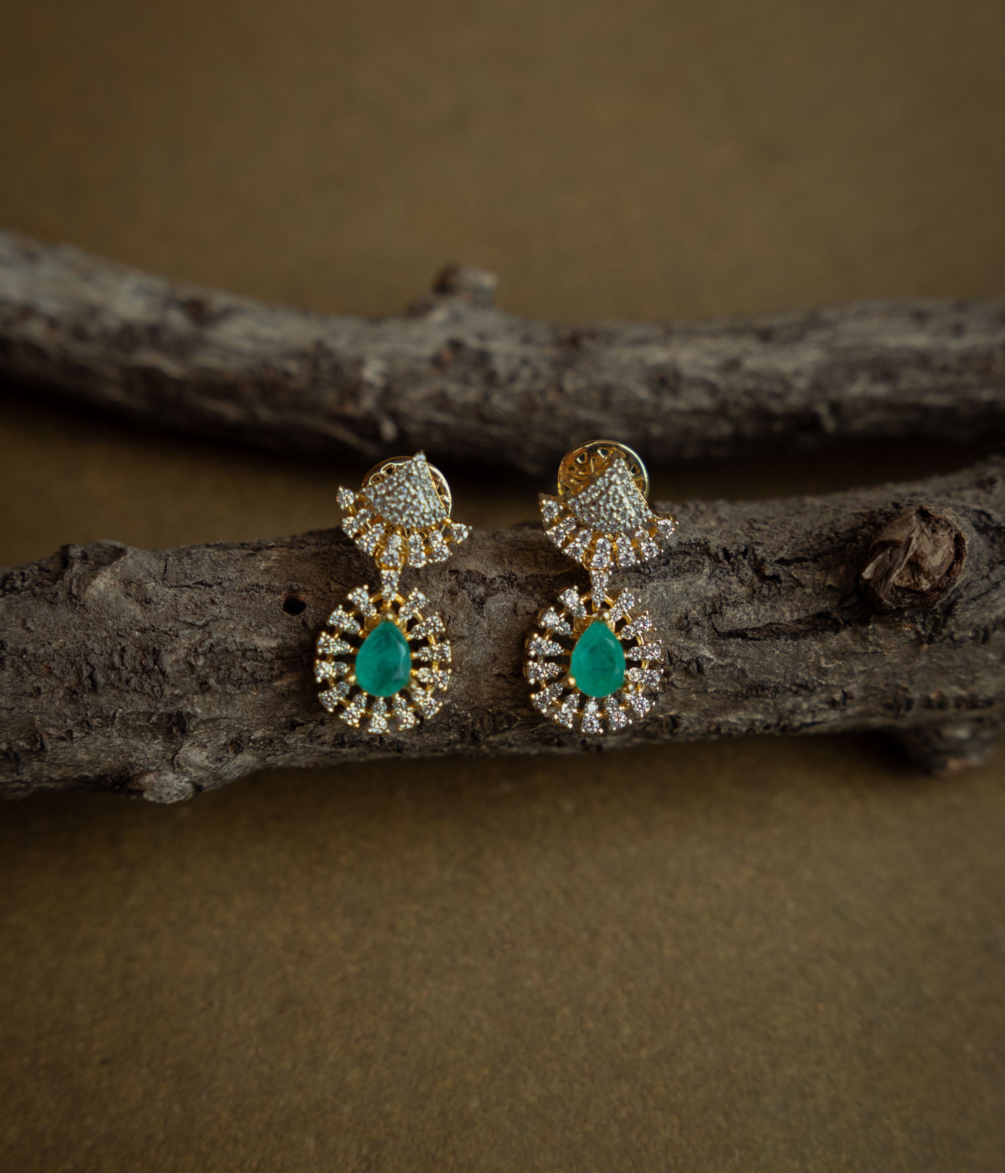 Green gem CZ woodland earrings
