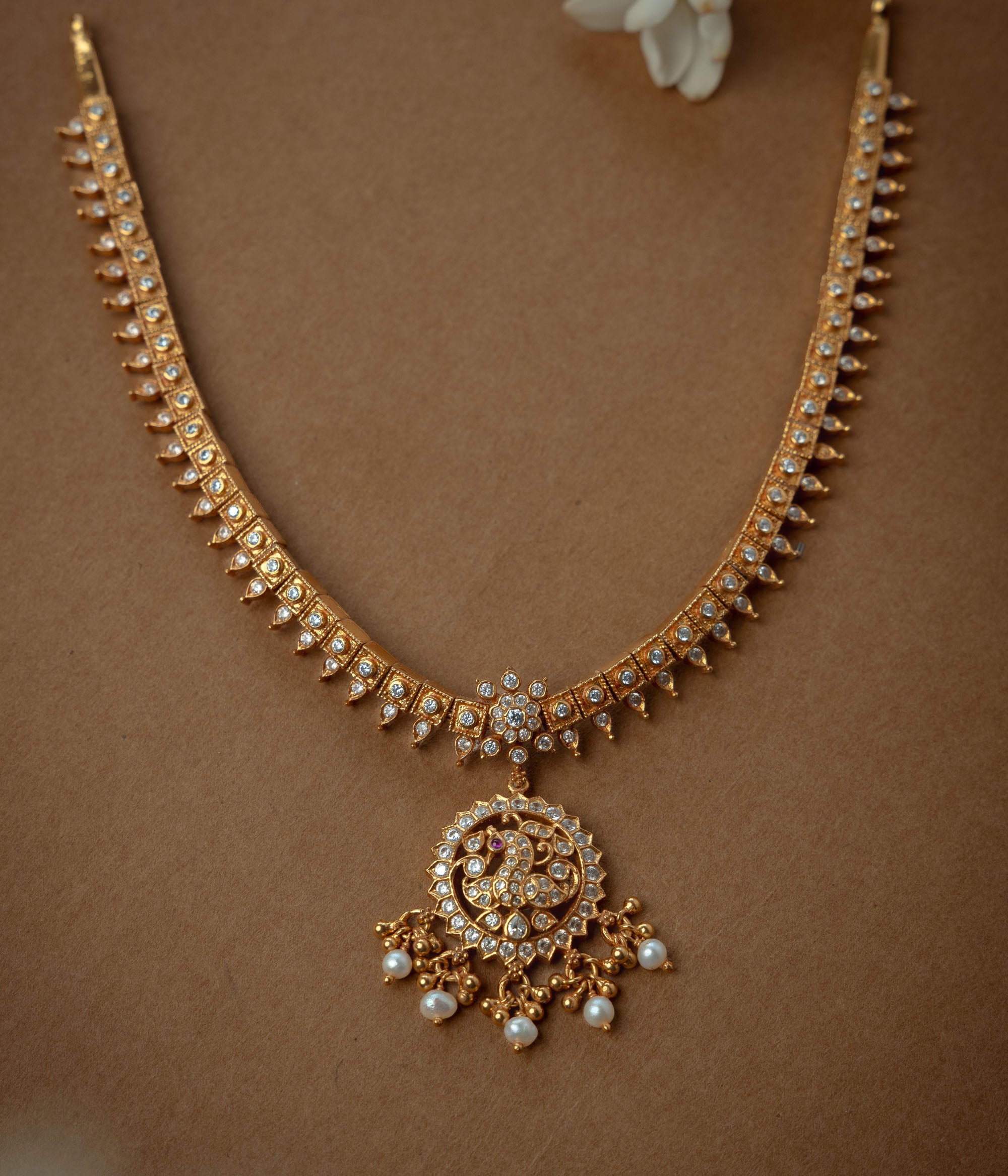 Stone Necklace with Red Polki Stone, White Polki Stone, Pearls, themed around Ethereal.