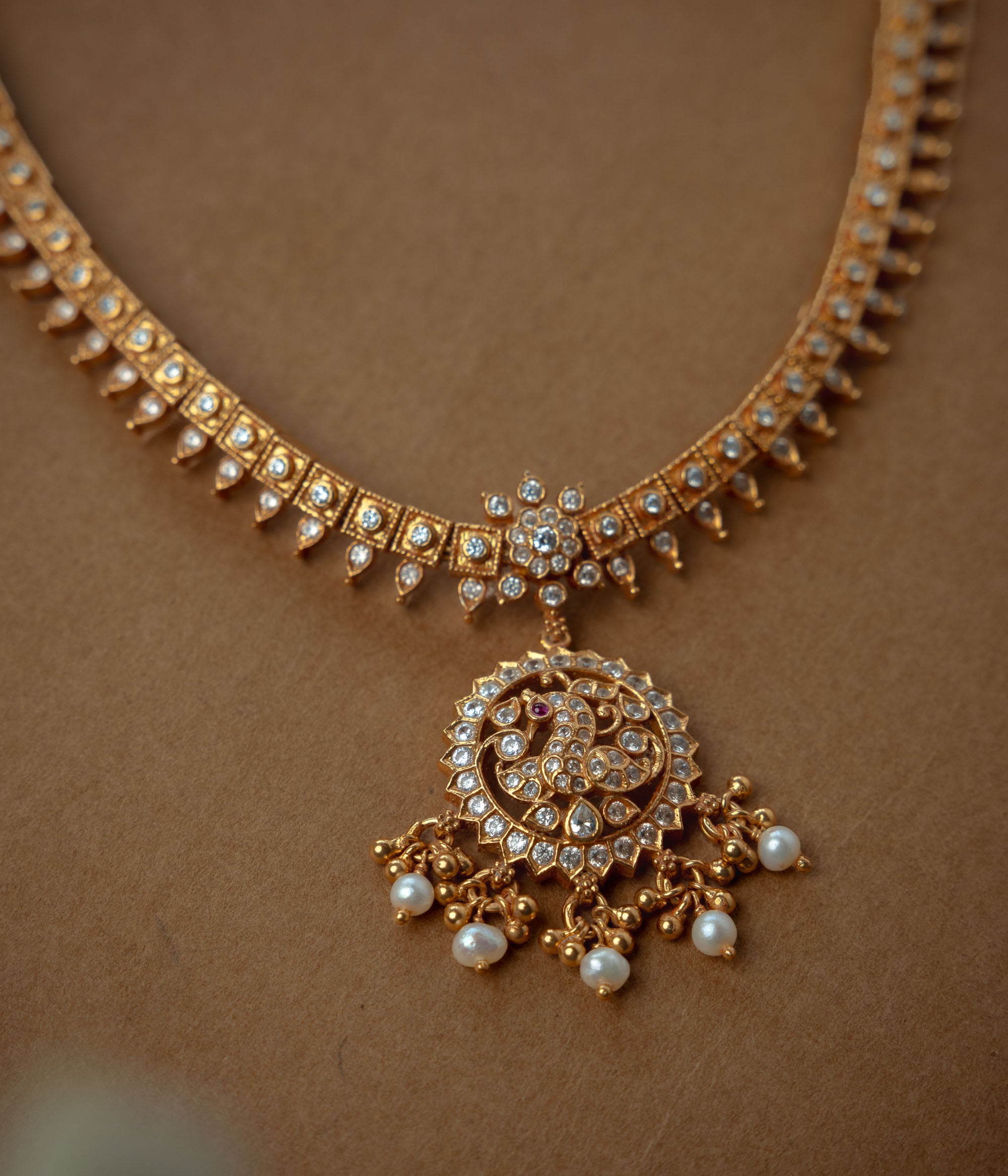 Stone Necklace with Red Polki Stone, White Polki Stone, Pearls, themed around Ethereal.