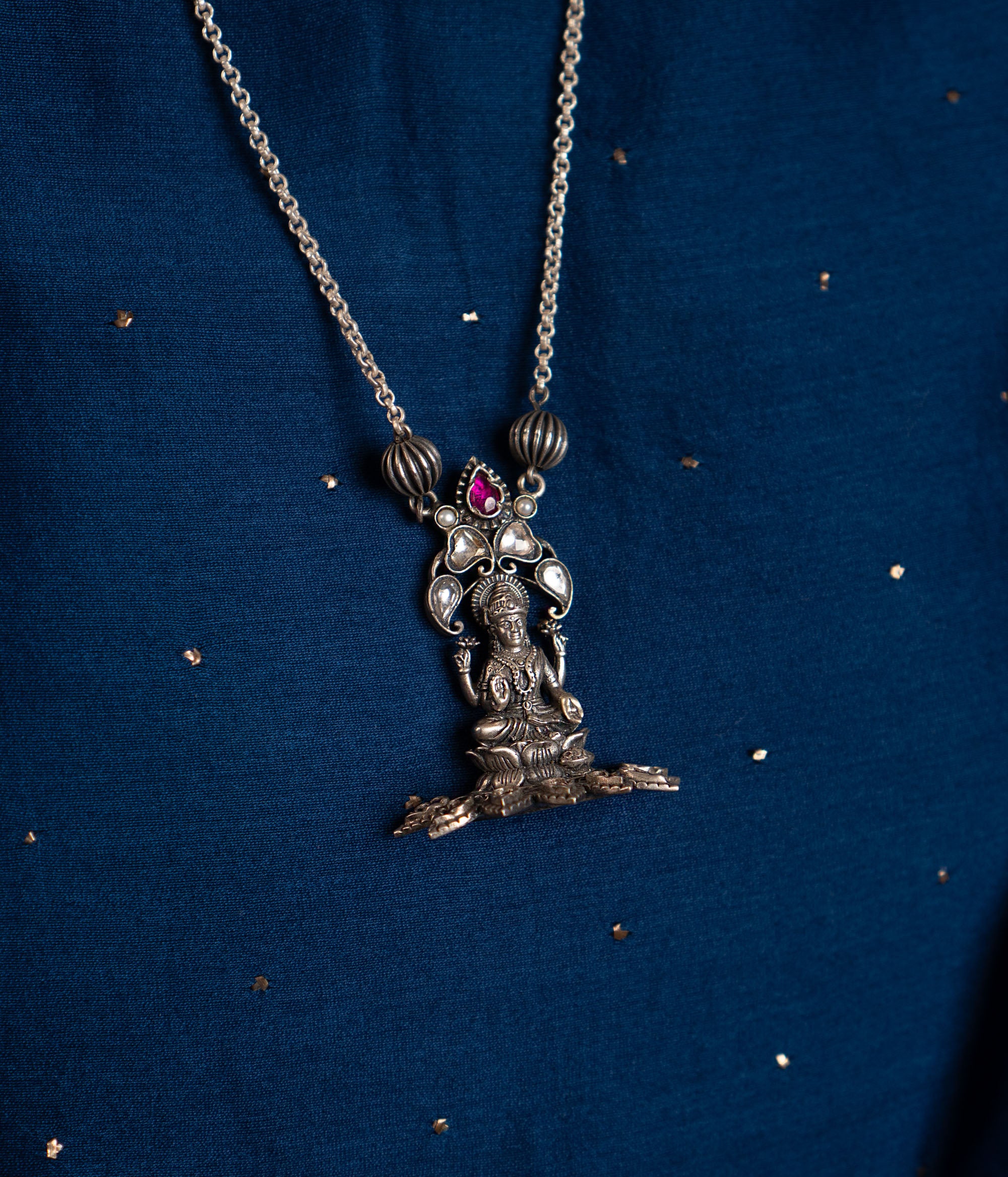 Traditional Deity Motif Necklace in Oxidised 92.5 Silver