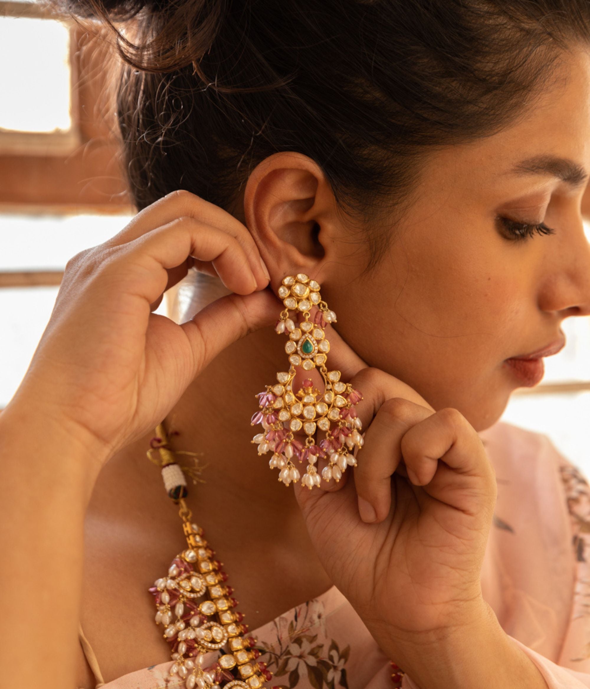 Siappa Pink Beads And Rice Pearls Guttapusalu Earrings