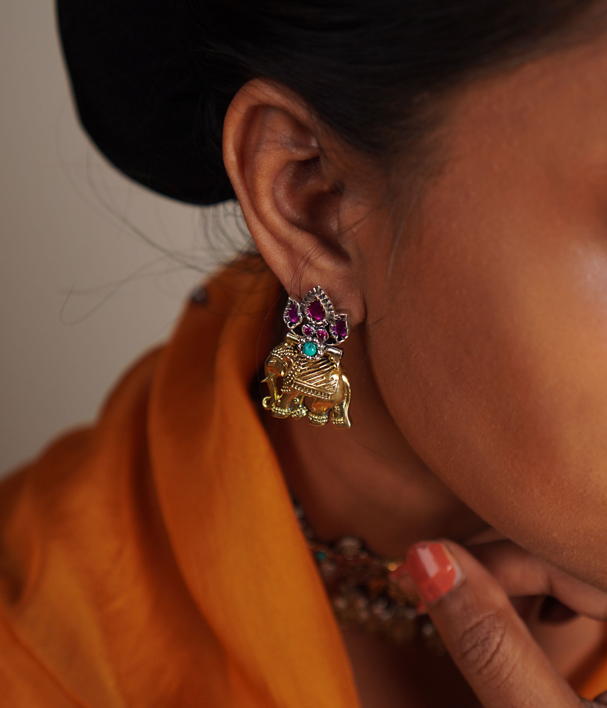 Suur Dual Toned Turquoise And Kundan Elephant Earrings