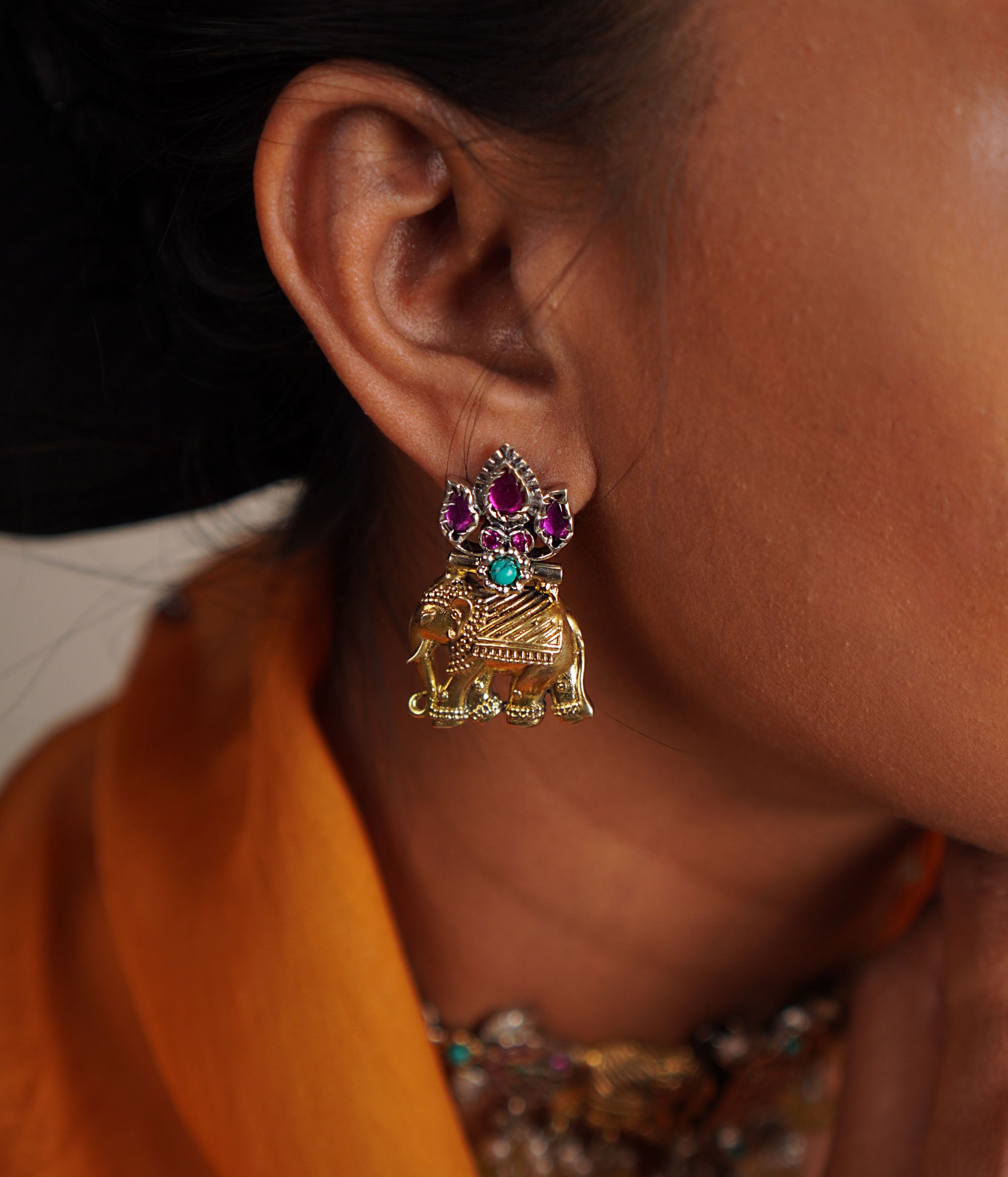 Suur Dual Toned Turquoise And Kundan Elephant Earrings