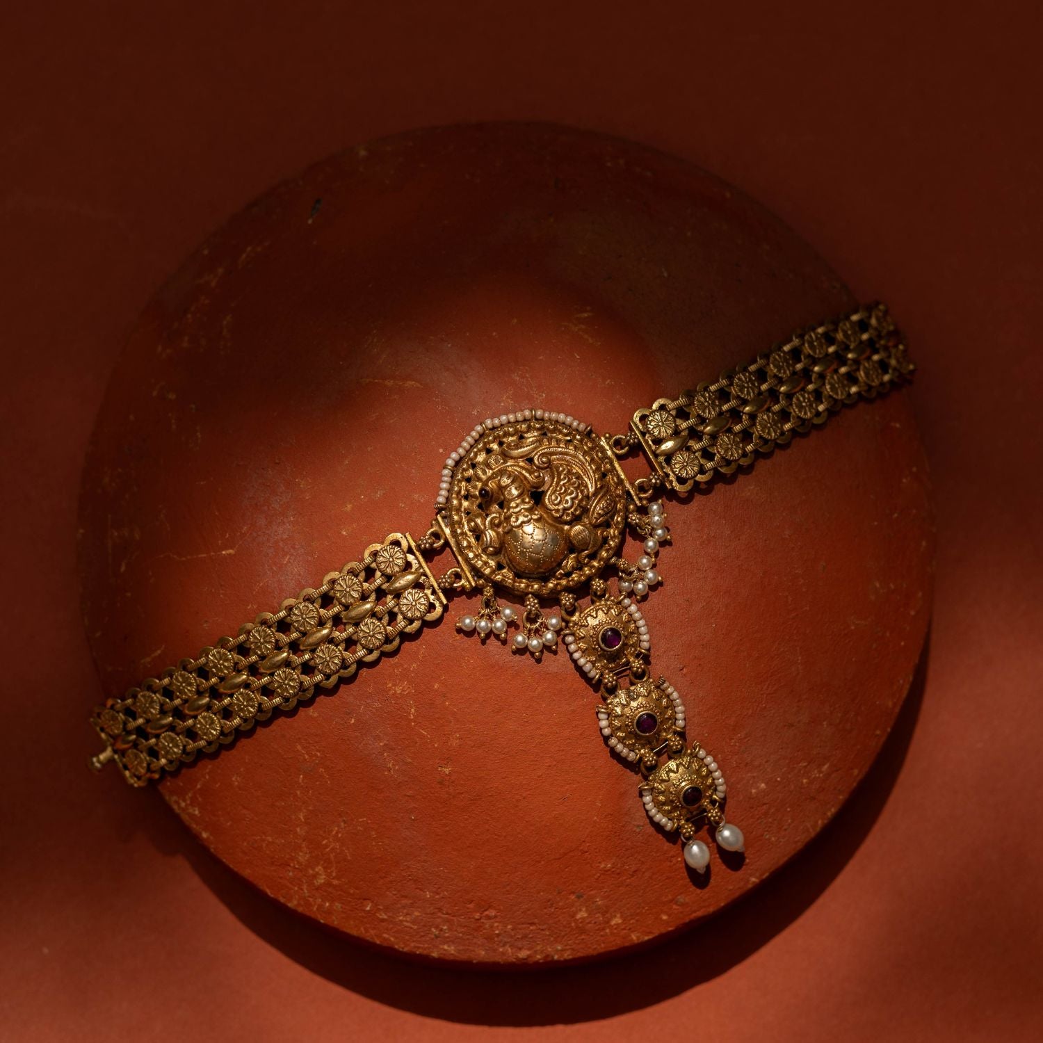 Arsheya Choker in 92.5 Sterling Silver with Red Spinel Stone, featuring gold-plated Kolhapuri-inspired tribal design.