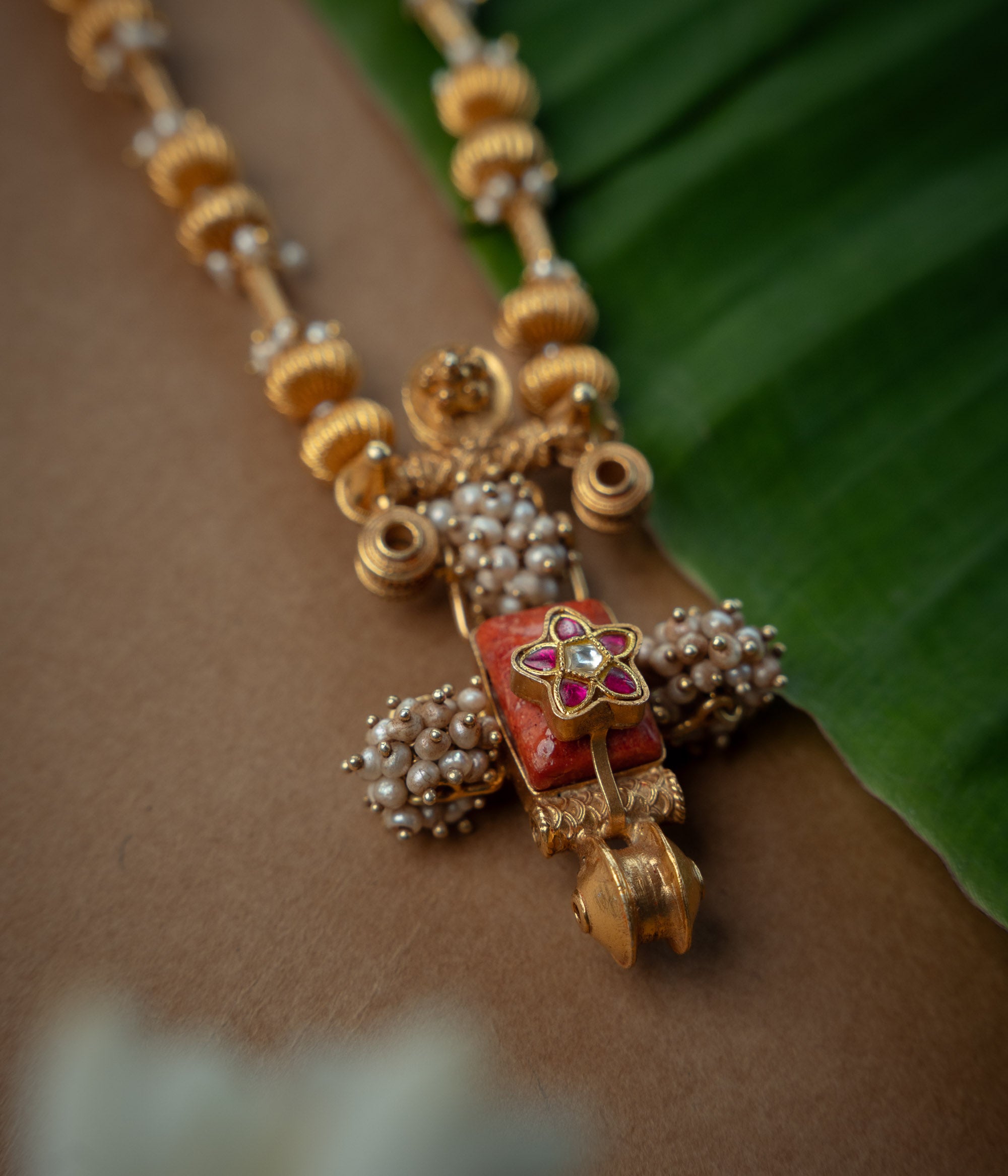 Trible Necklace with Red Kundan Stone, White Kundan Stone and Preals., themed around Garuda.