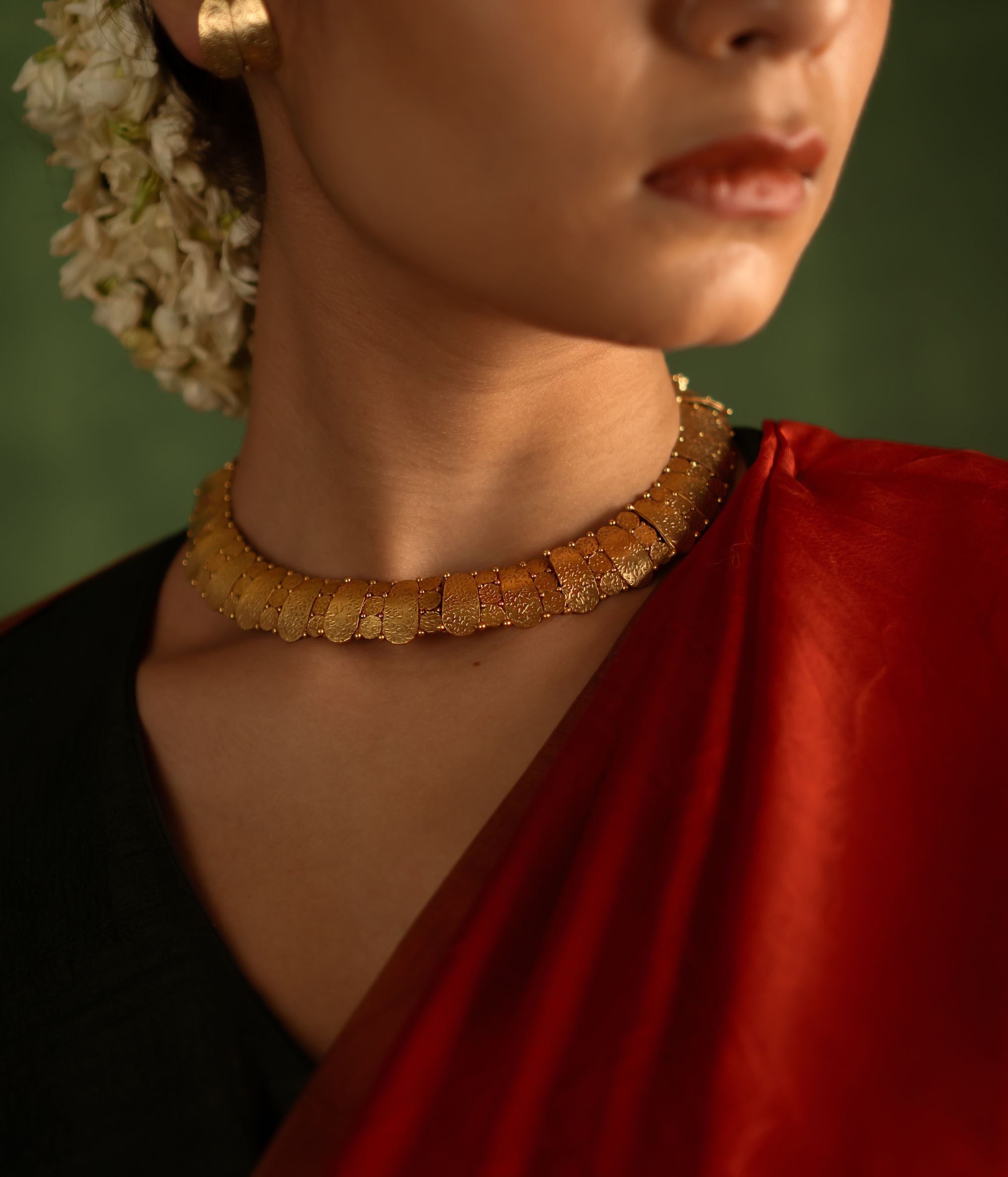 Timeless tradition reimagined. Jaswand necklace: Gold-plated silver with intricate craftsmanship, celebrating heritage and perfect for the modern bride.