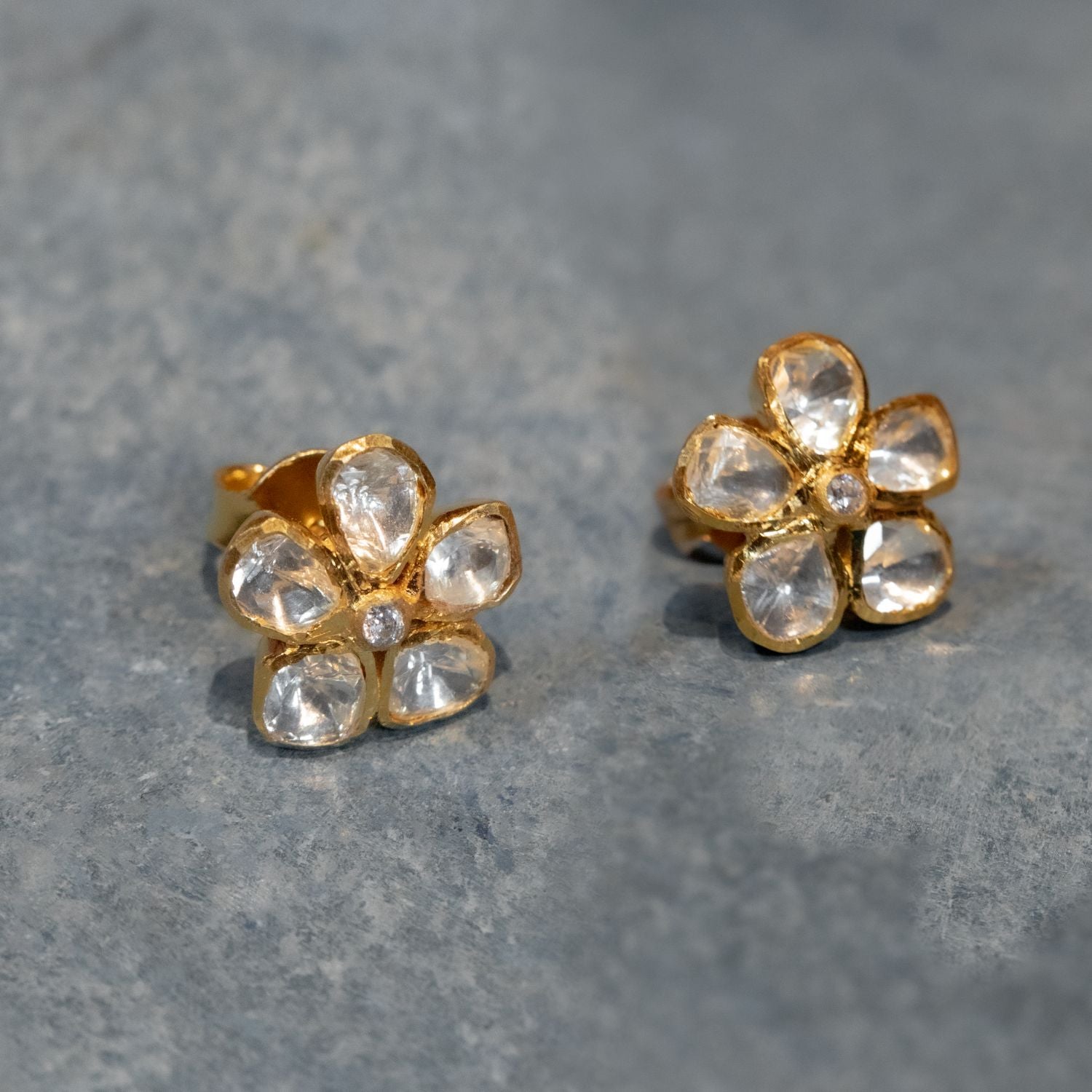 92.5 Sterling Silver Thiya Cute Flower Moissonite Polki Studs Gold Plated