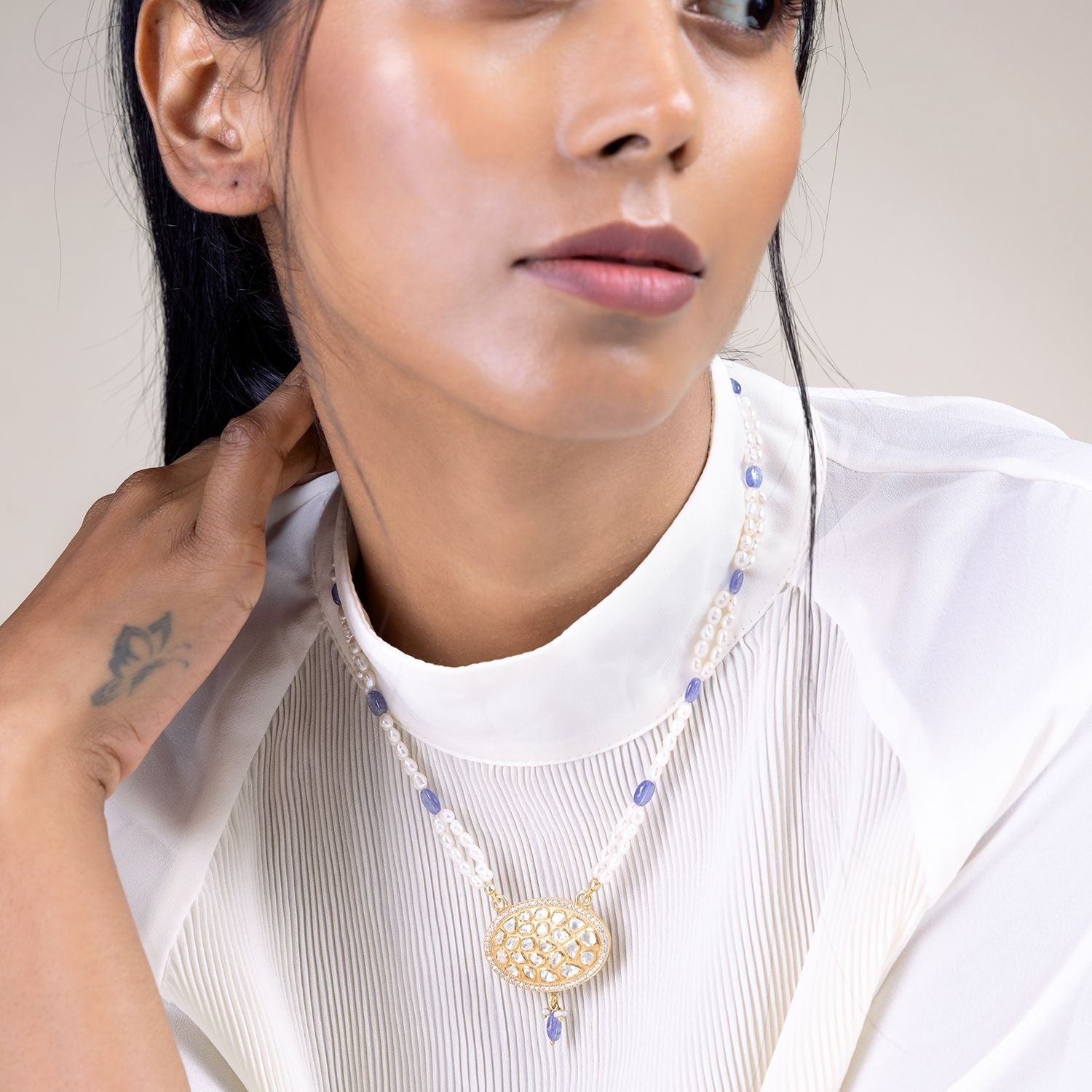 Karni Moissonite Gold Plated Necklace With Pearls