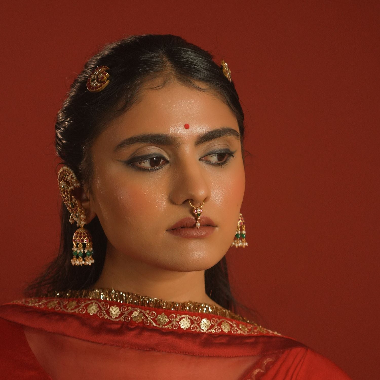 Ilaa Nose Ring gold hoop with kundan stones and pearl drop