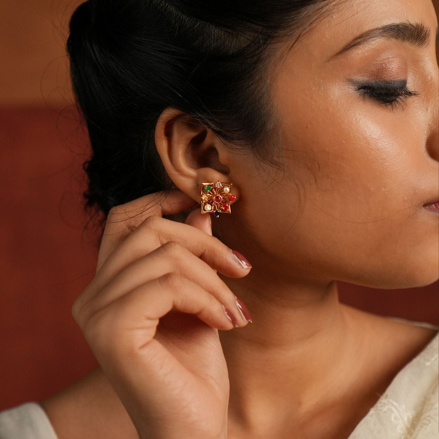 Kashi Earrings 92.5 Silver Gold Plated with Navratna and CZ Stones