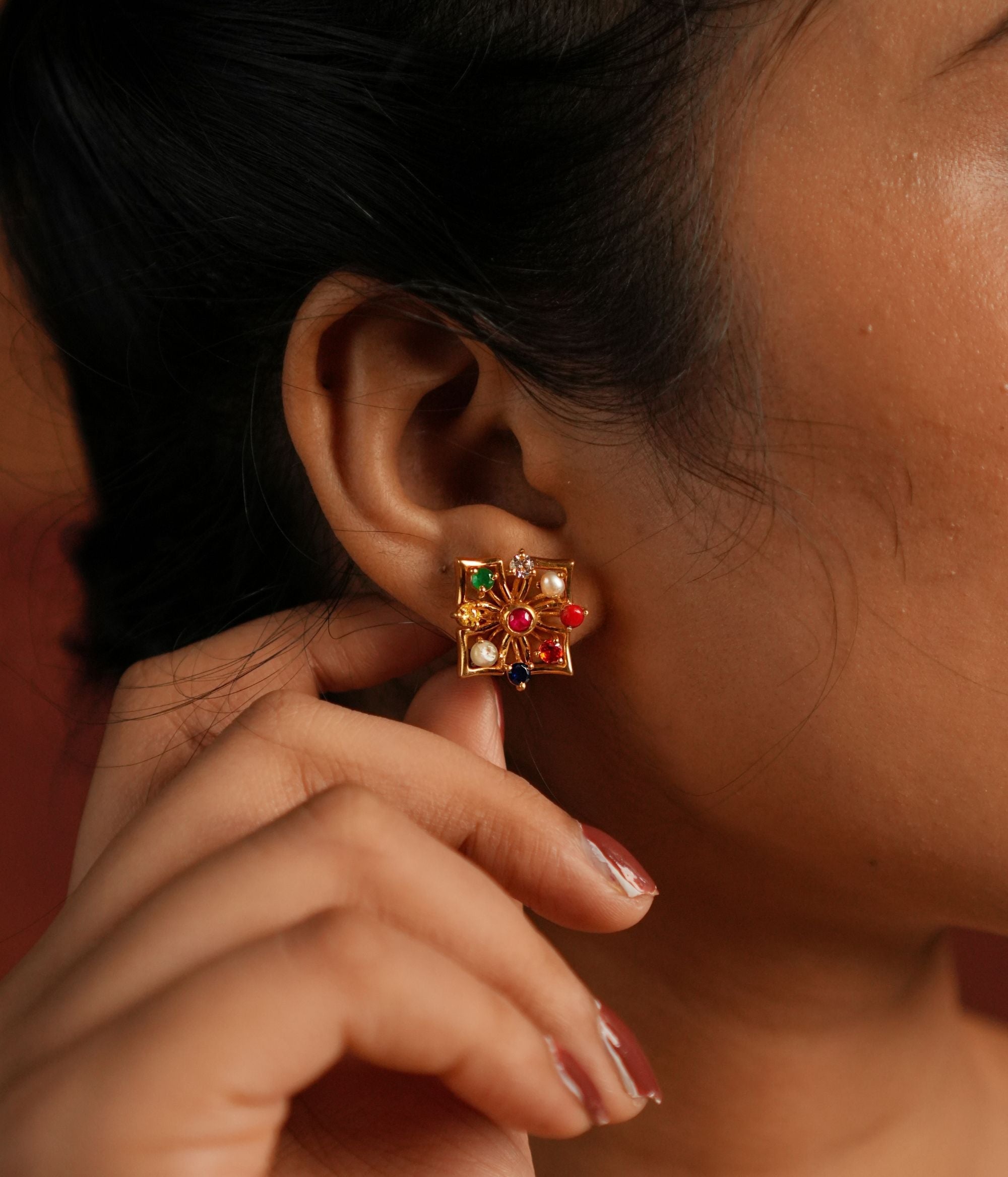 Handmade Kashi Earrings with Elegant Navratna and CZ Stones