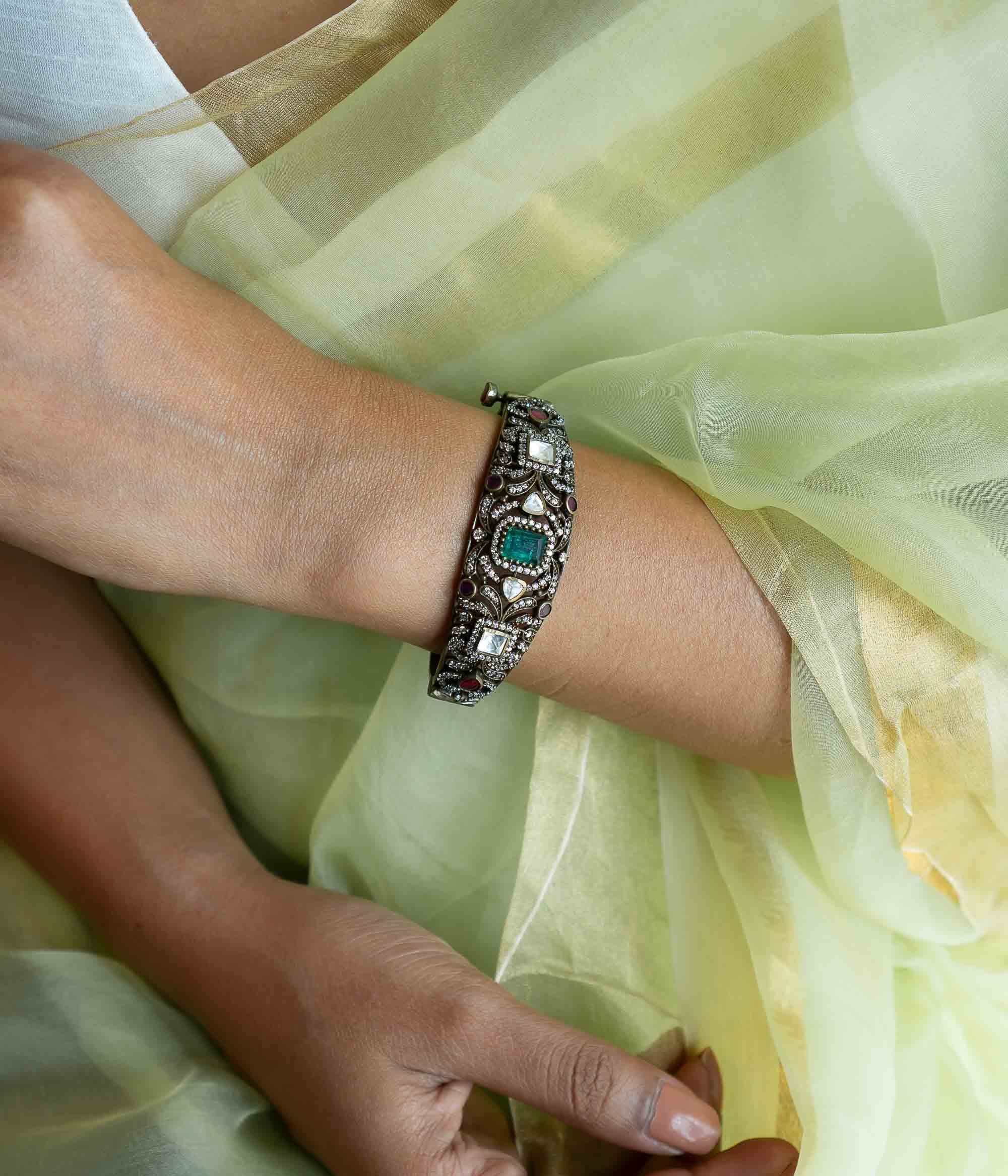 Traditional silver bangle with Polki and CZ stones Chennai collection
