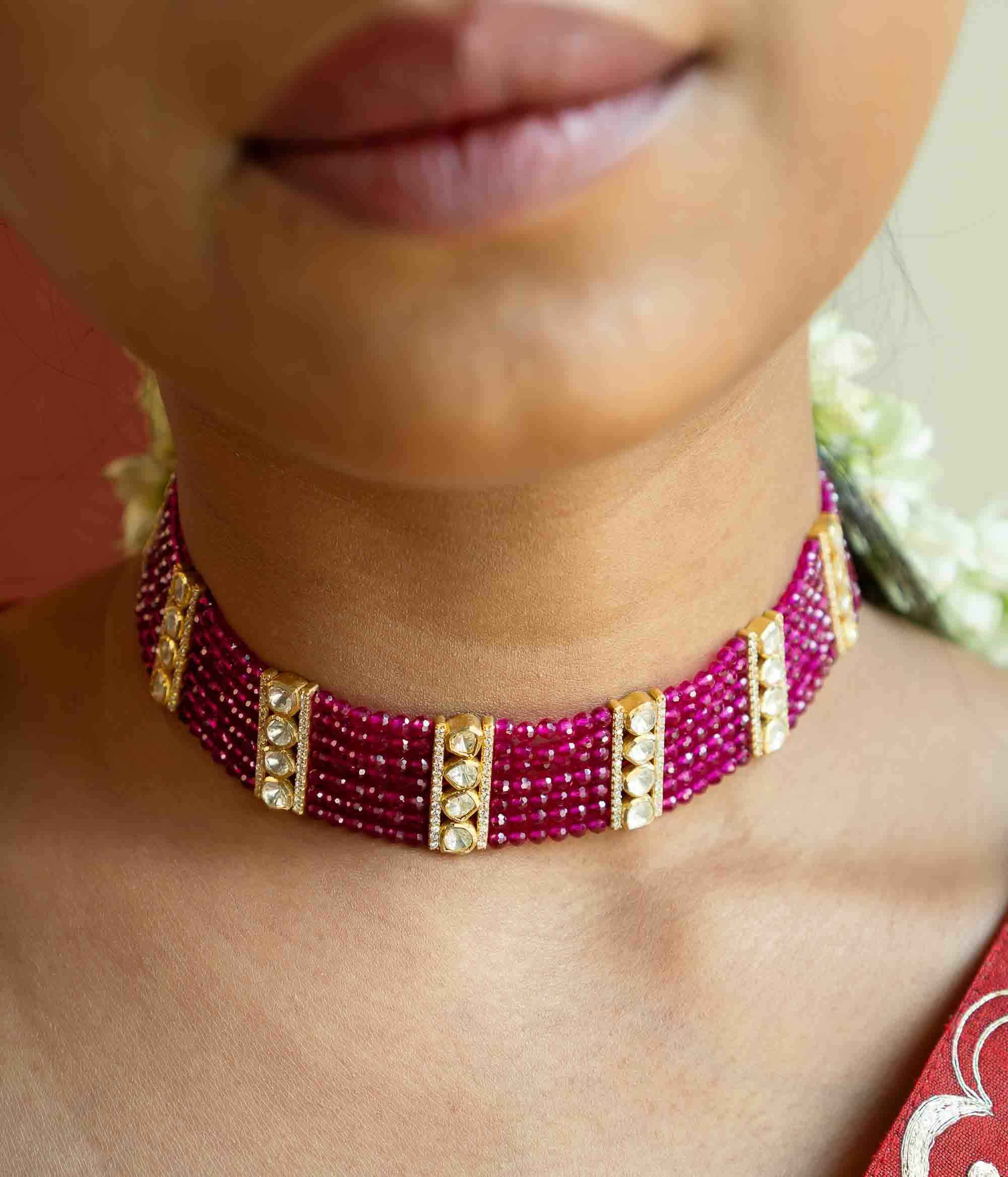 Traditional silver Polki Moissonite choker necklace for festive wear